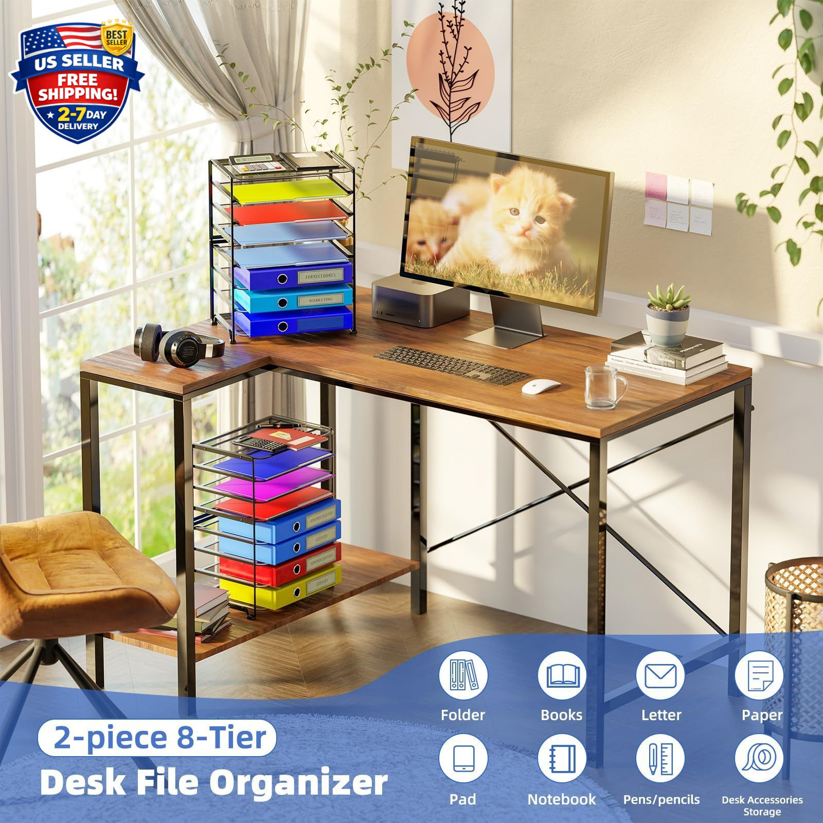 2 Pack 8 Tier Mesh Desk File Organizer Letter Tray Paper Storage Black