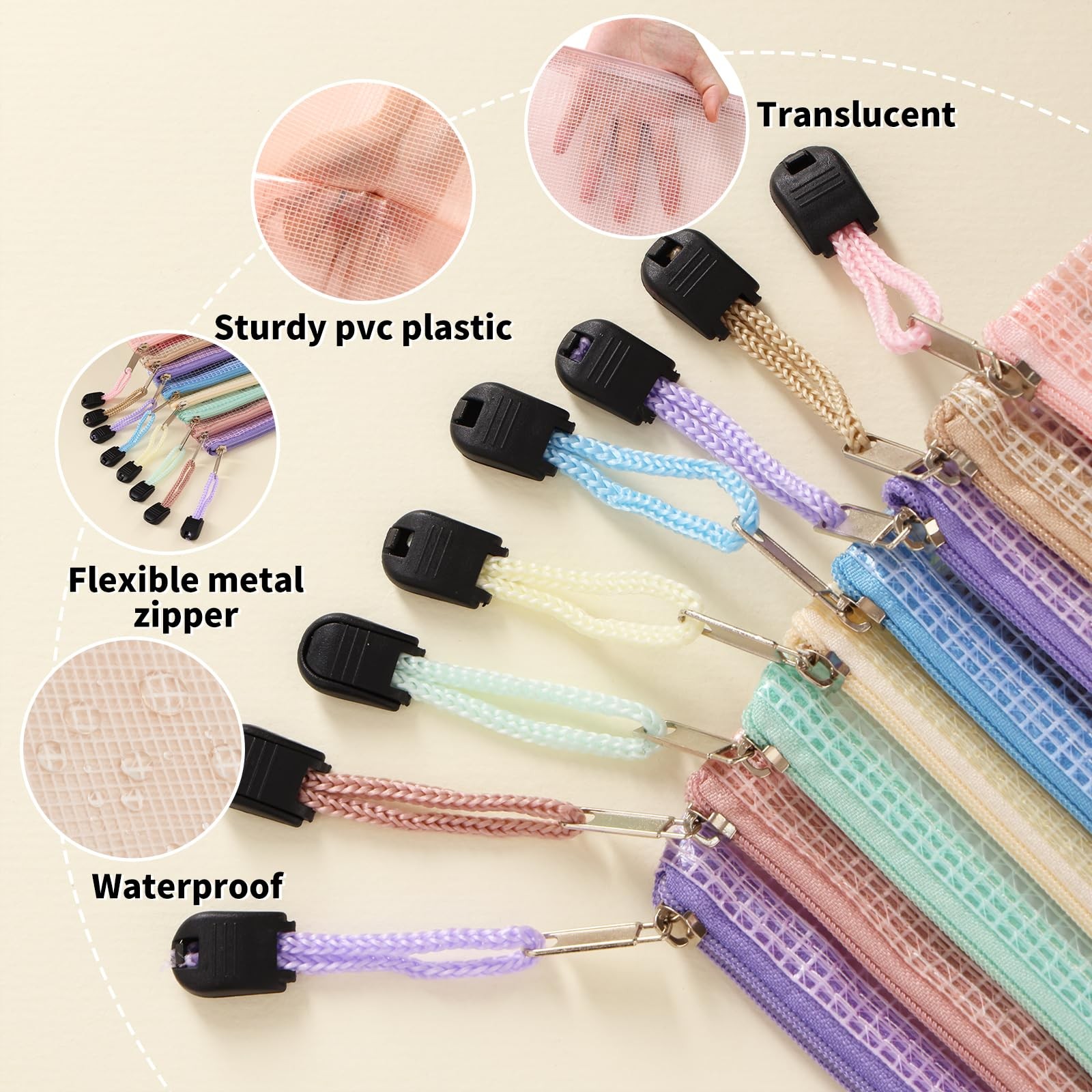 14 PCS Mesh Zipper Pouch 8 Sizes Waterproof Bags 7 Colors Document Multipurpose
