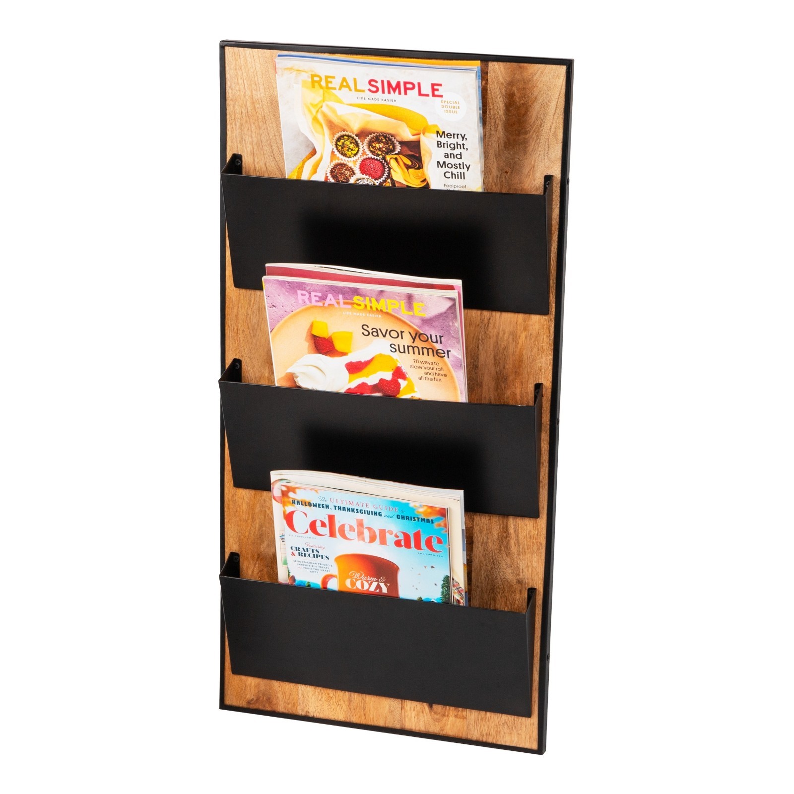 3-Tier Wall-Mounted File Organizer, Wood and Metal Vertical Rack, Black