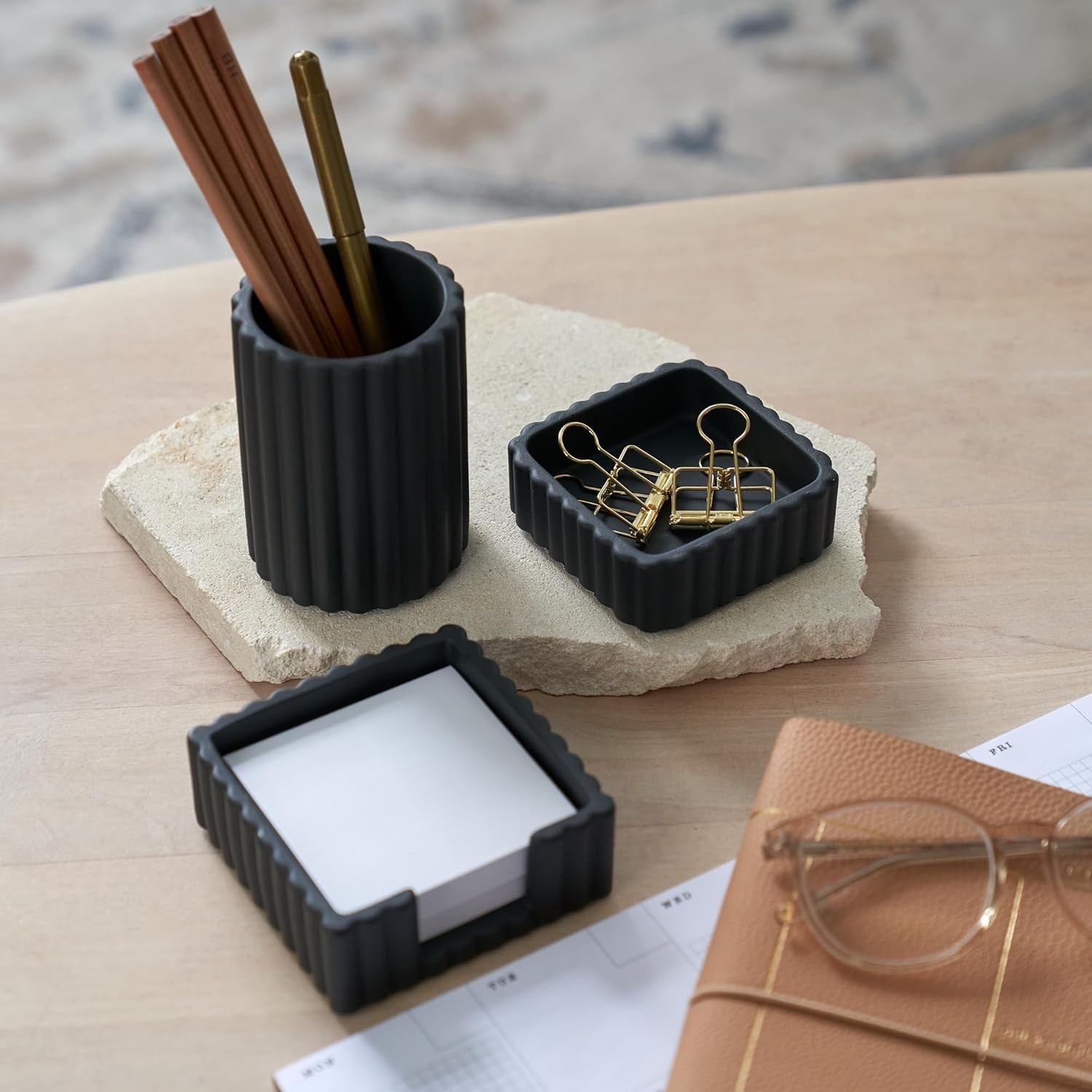 Modern Concrete Desk Organizer Set for Pens & Supplies – Black Brushed Finish