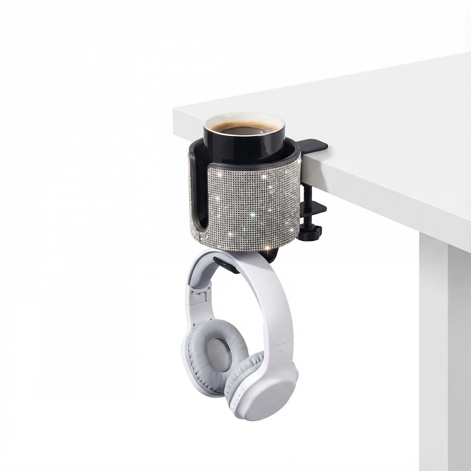Luxury 2 In 1 Desk Cup Holder With Headphone Hanger For Office Bling Bling