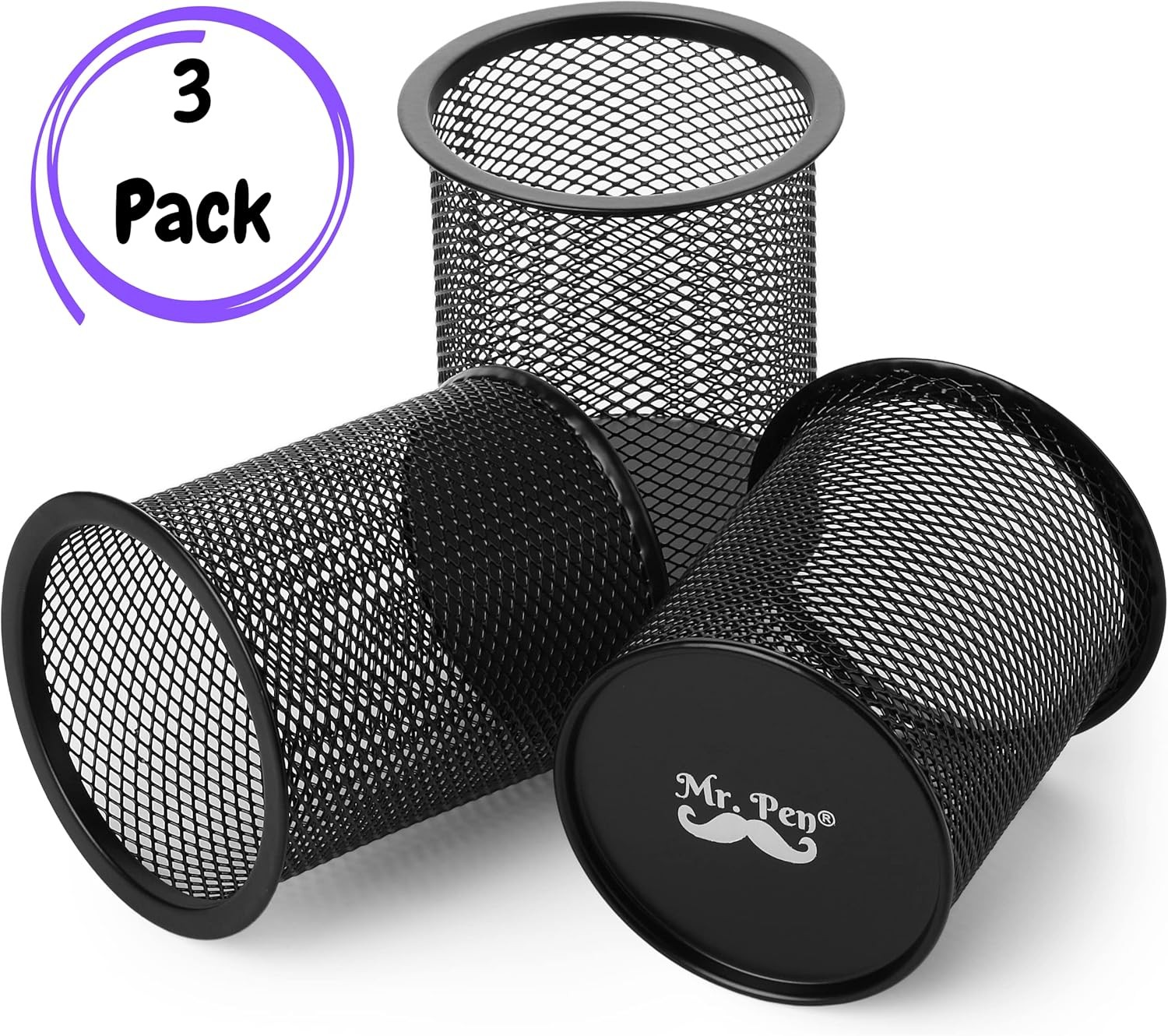 3pcs Metal Mesh Pencil Cup Holder Black Organizer Desk Pen Cups