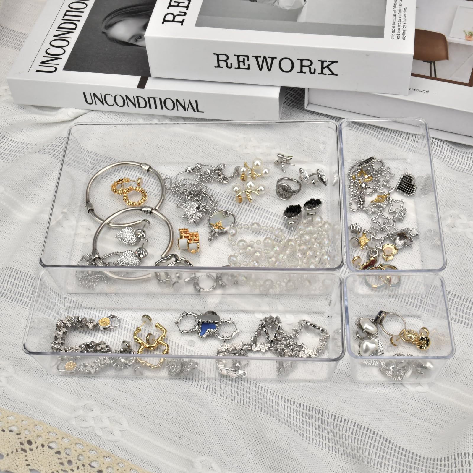 Kitchen Drawer Organizers, 15 Clear Plastic Trays, Jewelry Makeup