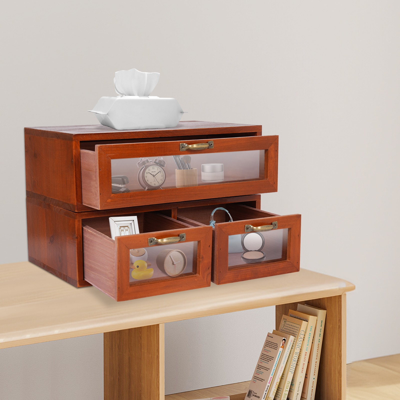 Vintage Desk Organizer Wooden Tabletop Storage Box with 3 Drawers for Office