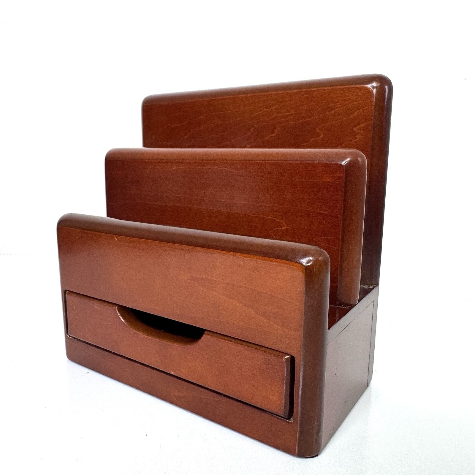 Vintage Executive Cherry Wood Letter Desk Organizer Rolodex w/ Drawer 7”