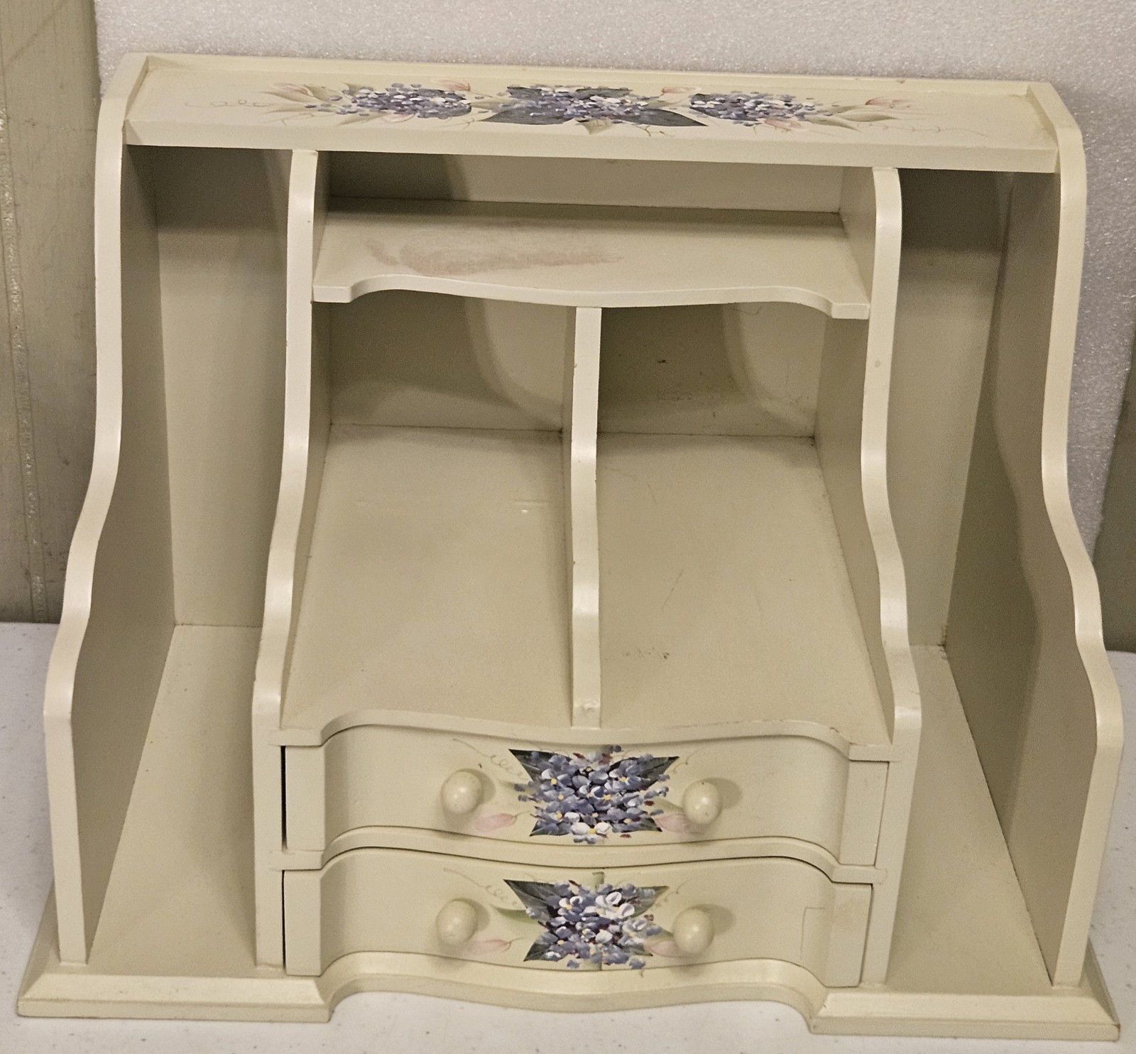 WOODEN TABLE DESKTOP ORGANIZER 2 DRAWER HAND PAINTED FLORAL ACCENTS 14X11X9.5