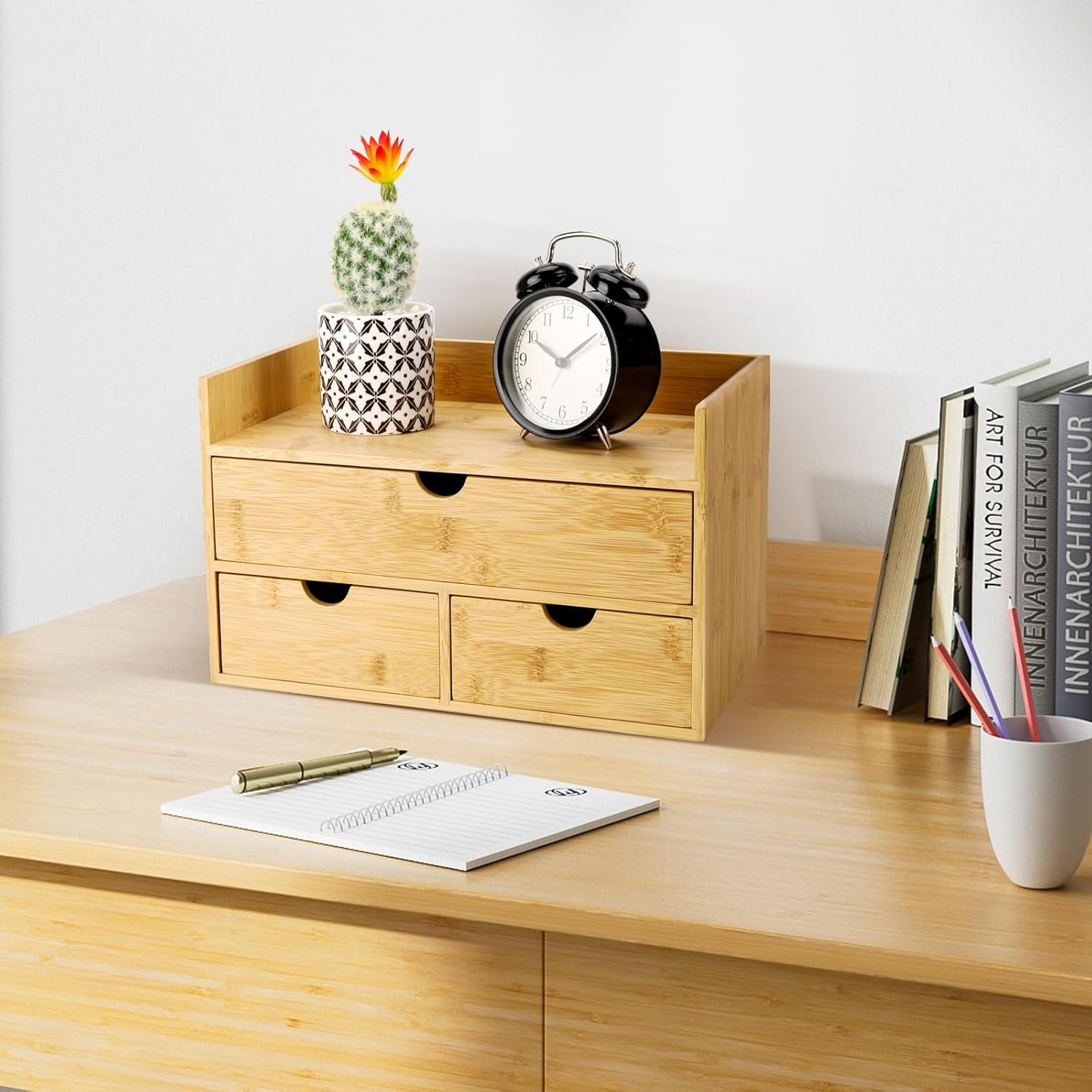 Bamboo Desk Organizer with Drawers Countertop Drawers Counter Storage Box Corner