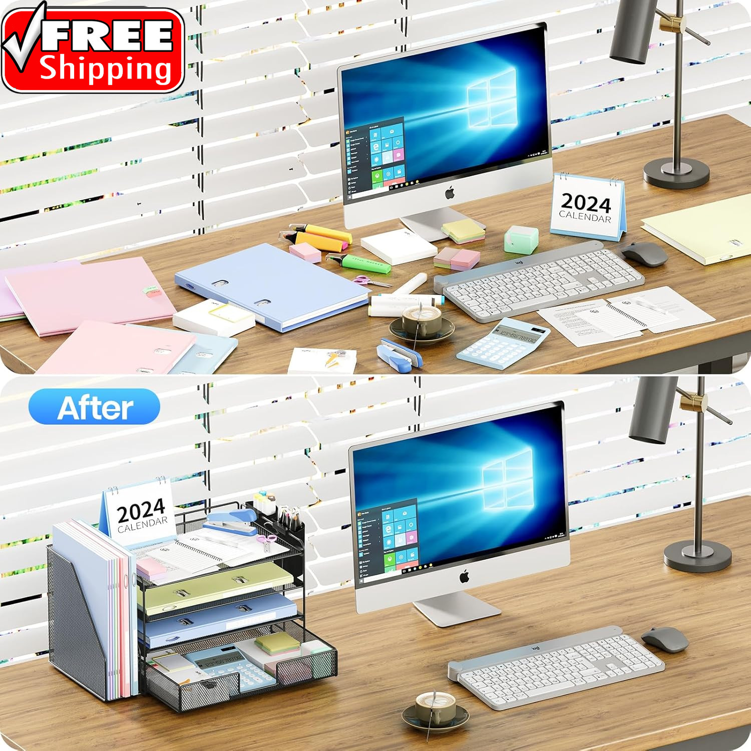 Desk Organizer, 4-Tier Desktop File Organizer with Drawer and 2 Pen Holders, Off
