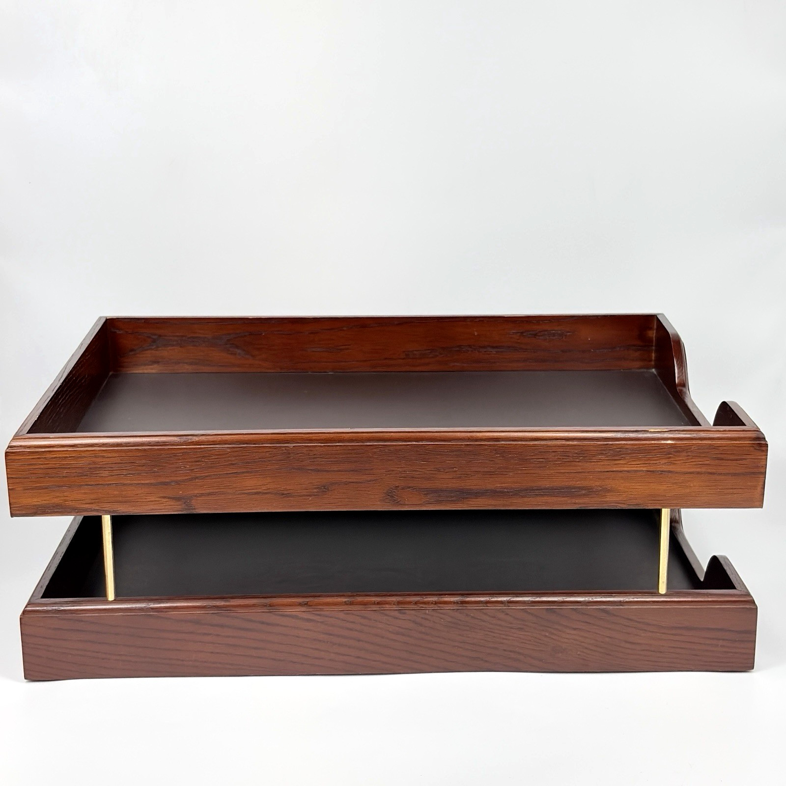 Vintage Eldon Woodline 2500 Two Tier Paper Tray Wood Desk Organizer Brass Tone