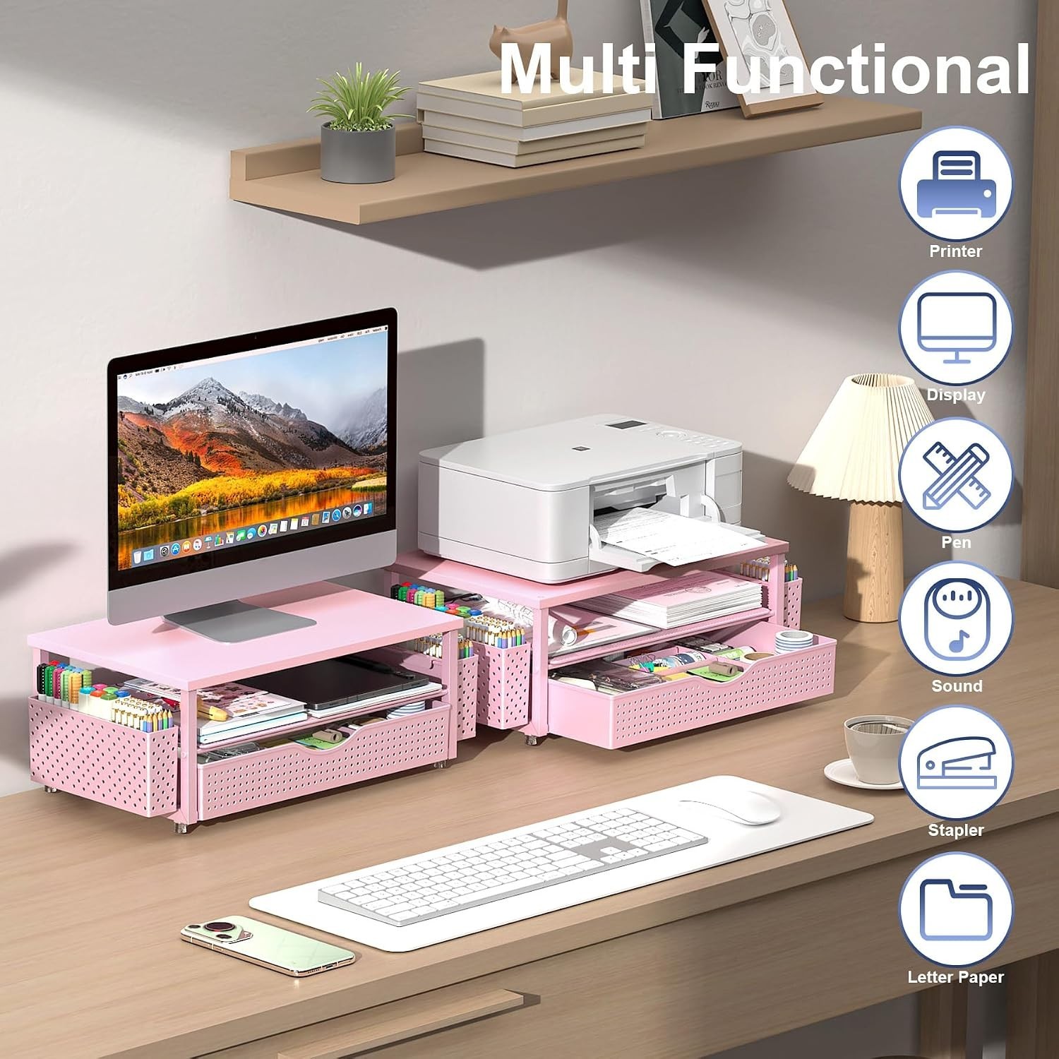 Ergonomic Desk Organizer: Pink Monitor Stand with Space-Saving Drawer & Holders