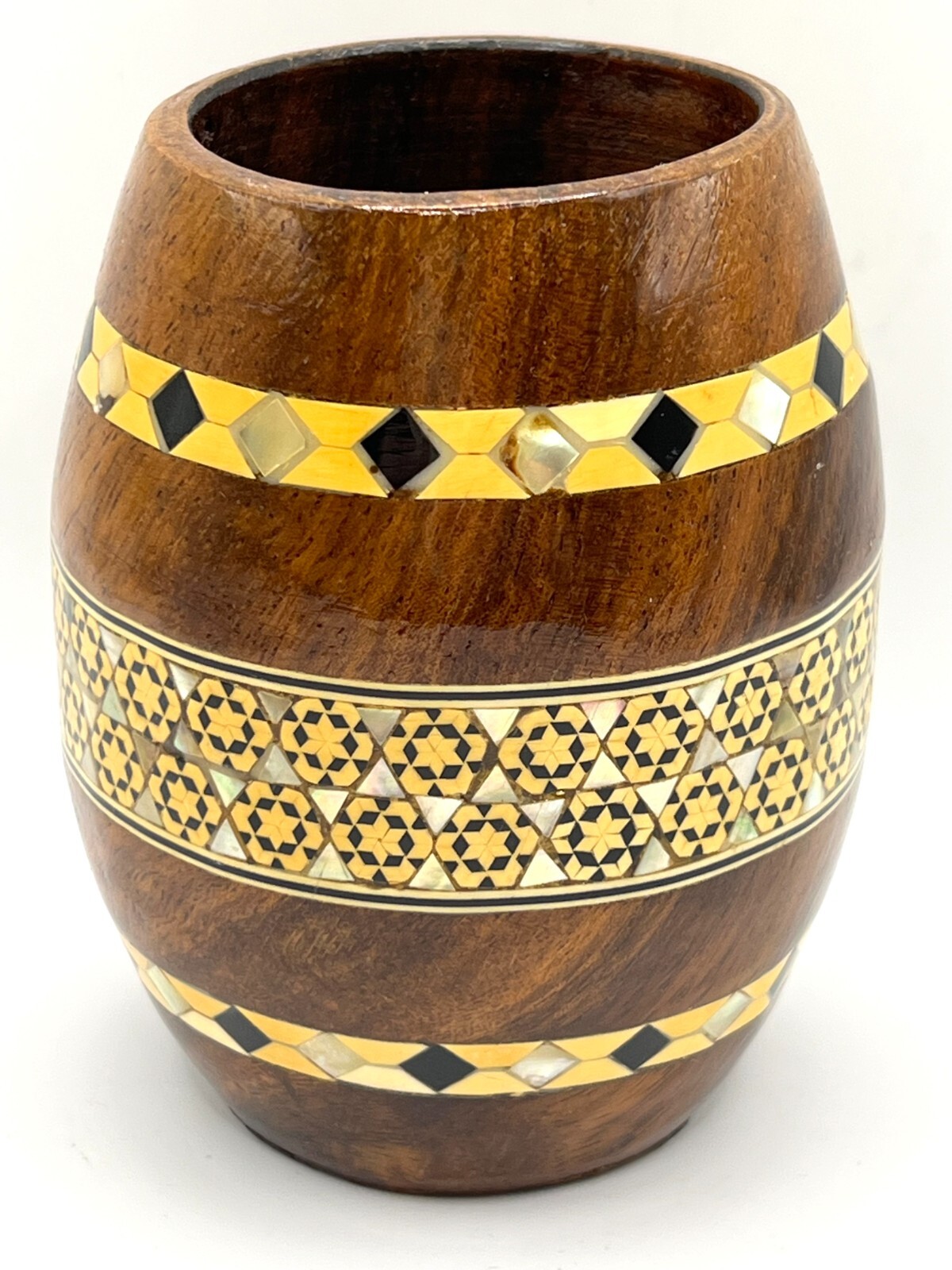 VTG Barrel Shaped Wooden Pen Holder Mother of Pearl Inlay Office Desk Decor 4.2″