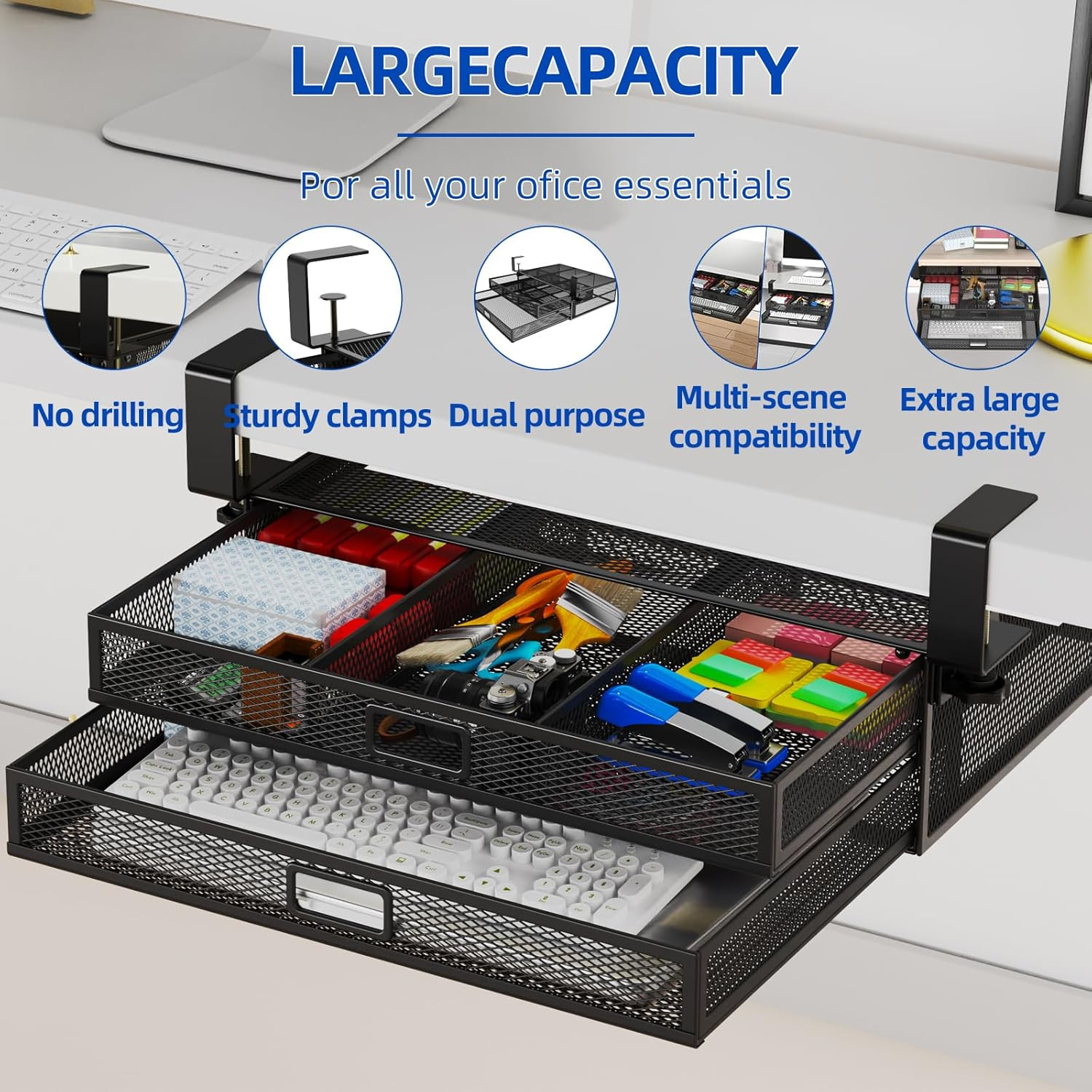 Under Desk Drawer Organizer No Drilling 2 Slide Out Drawer Under Table Storage D