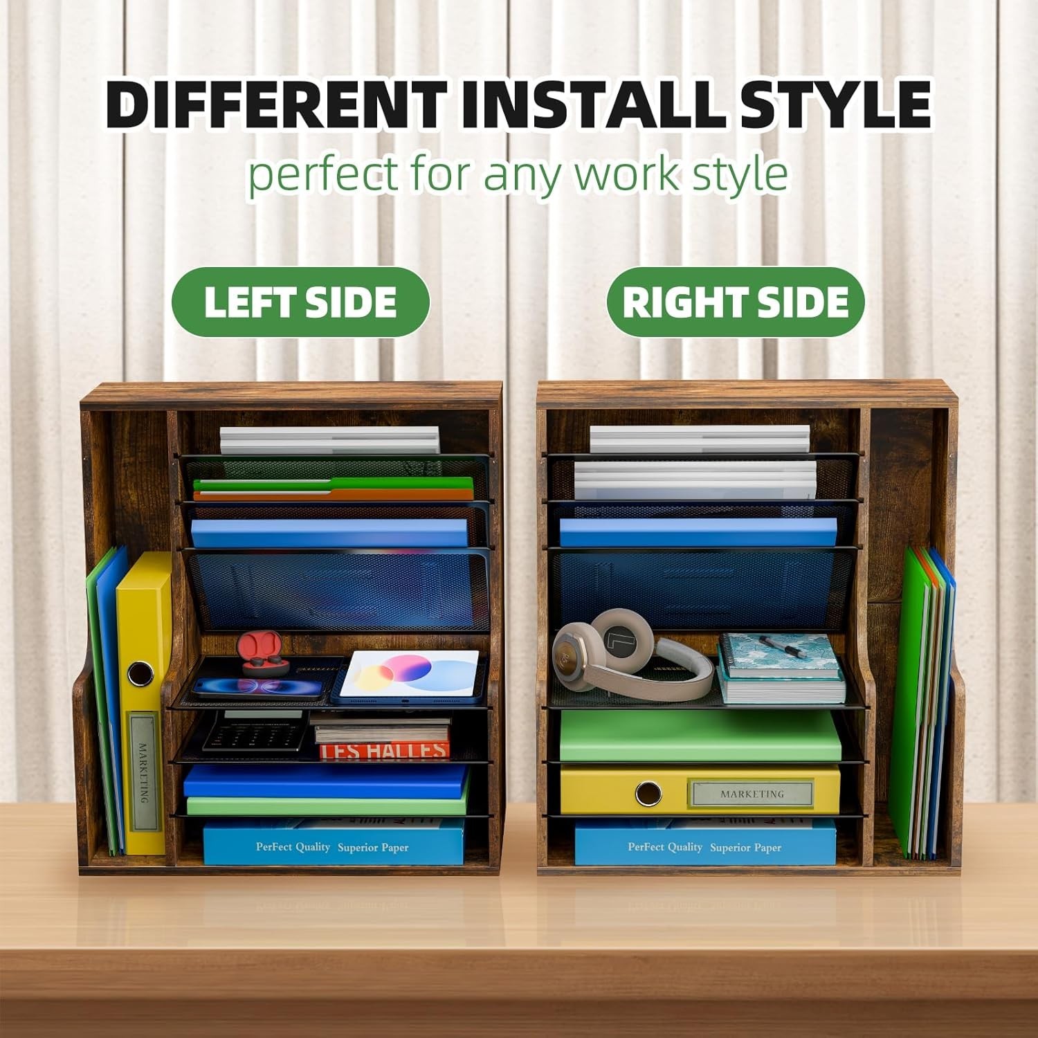 7 Tier Wooden Desk File Organizer with Adjustable Metal Mesh Shelves and Side