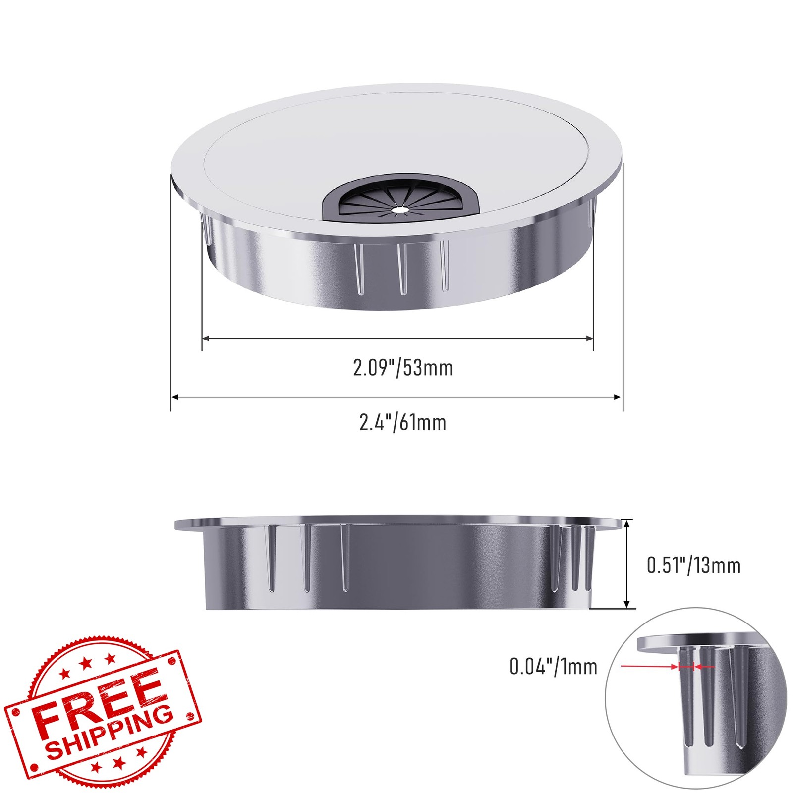Skweawert 2-1/8″ Desk Grommet Silver Tone 2 Pack