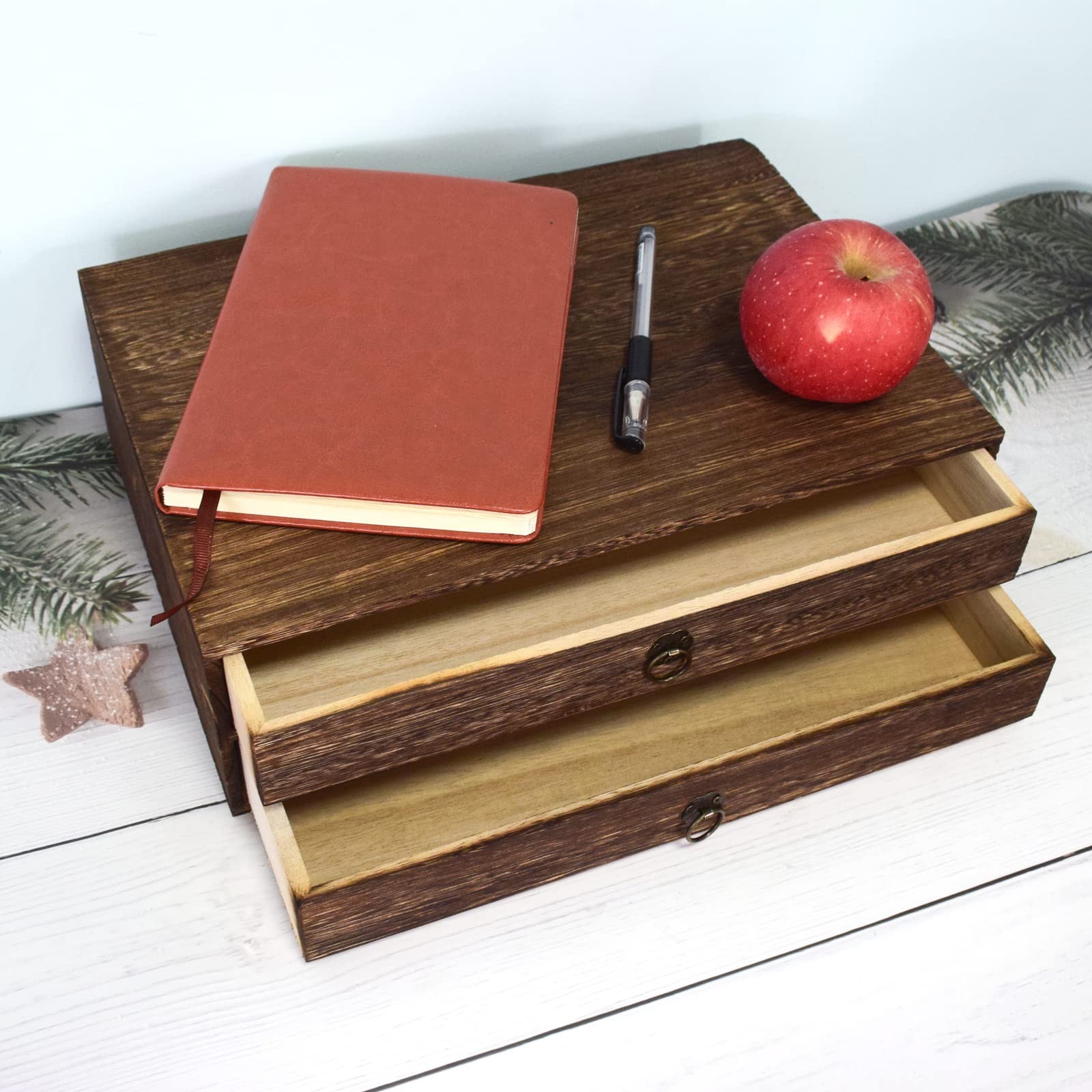 KeaJuidy 2-Drawer Wooden Desk Organizer Wood Desktop 2-layer, Dark Brown