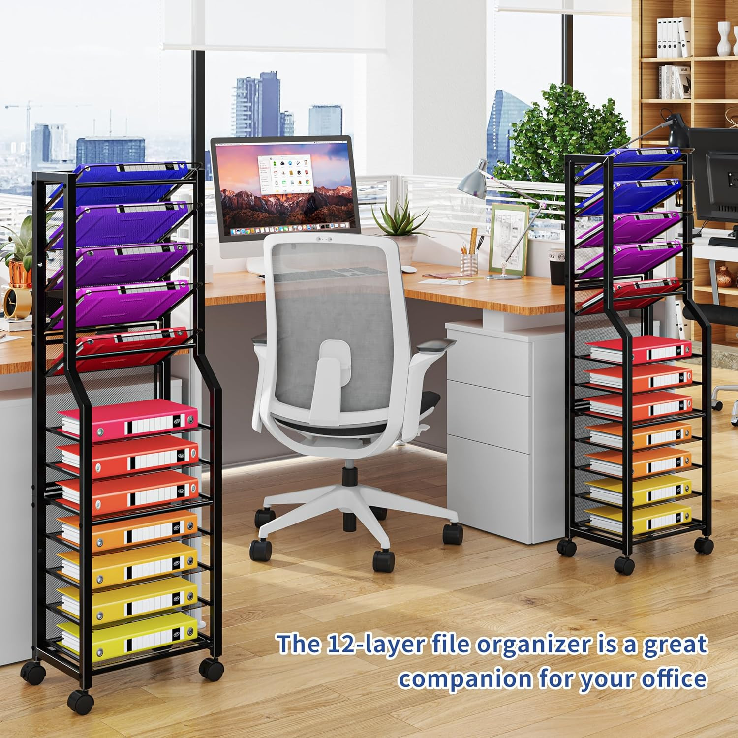 12 Tier Rolling File Cart, Desk File Organizer with Sliding Trays and Metal Mesh