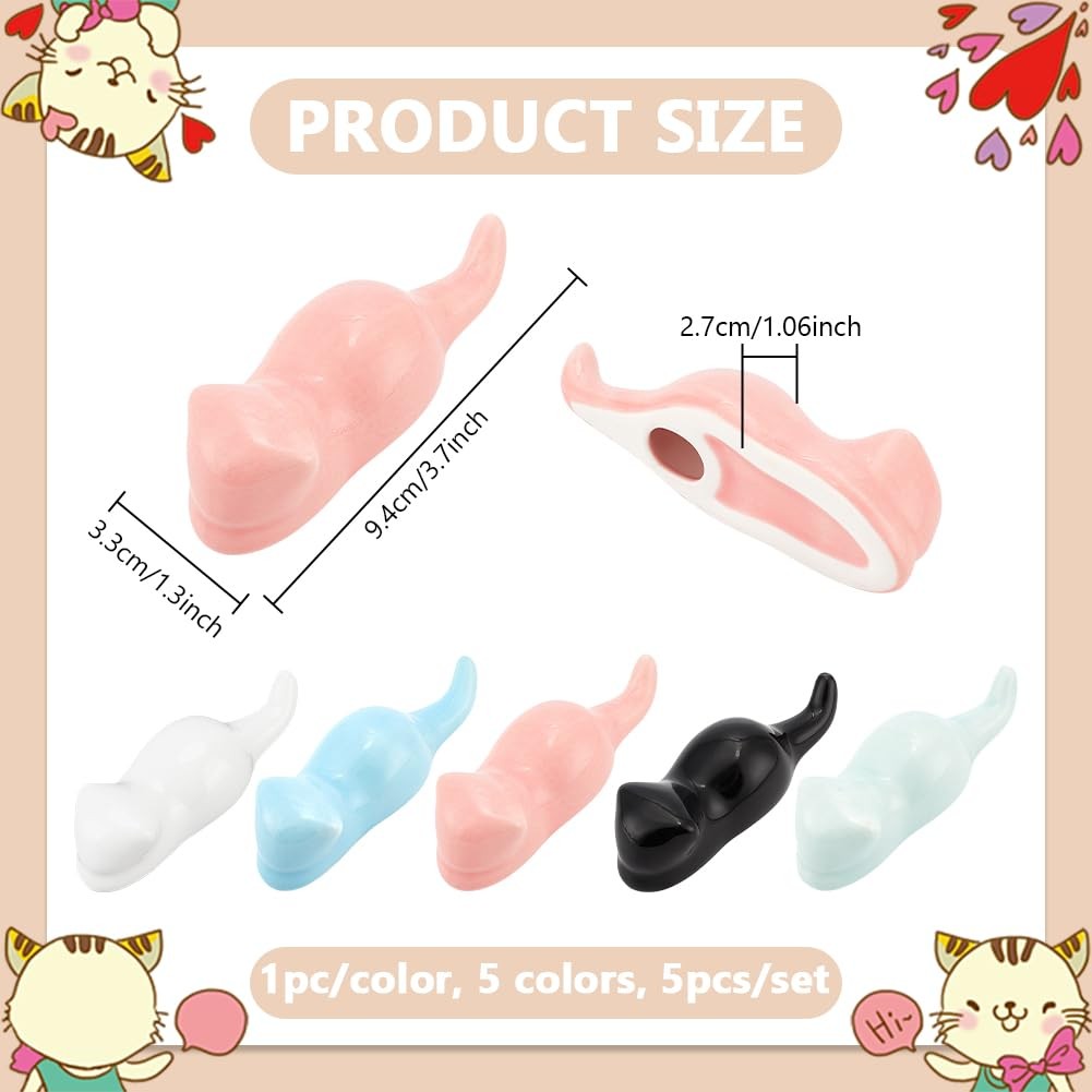 5pcs Chinese Calligraphy Brushes Rest Stand 5 Colors Ceramics Cat Shape Brush…