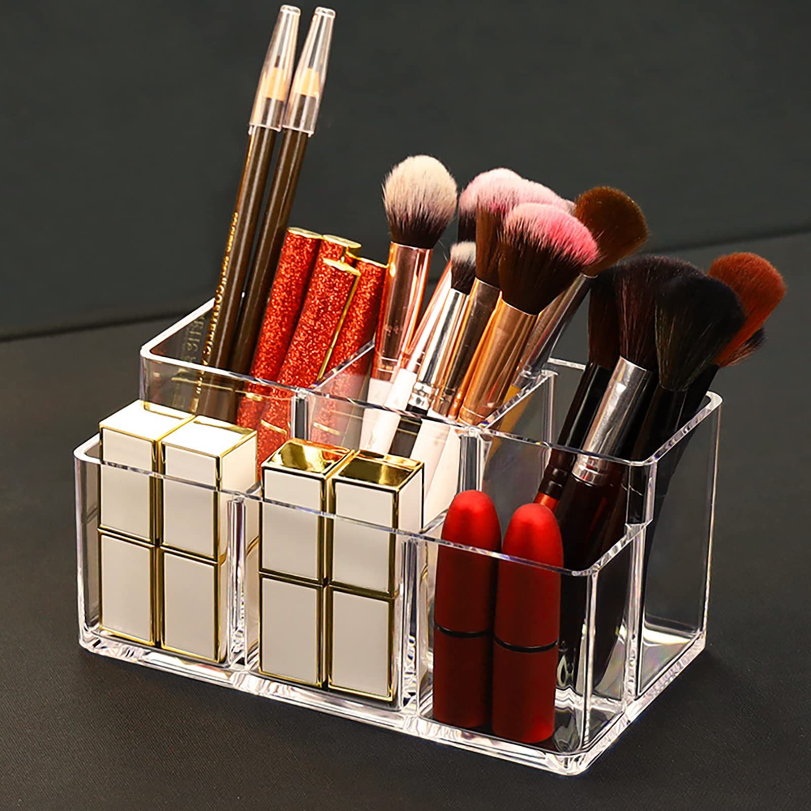 Foraineam 2 Pack Acrylic Makeup Brushes Holder with 6 Slots, Clear Pen clear