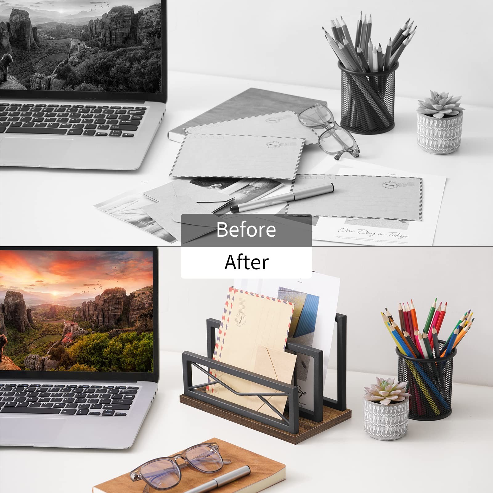 Desktop Mail Organizer, Desk Mail Organizer with 2-Slot Matte Black Metal Des…