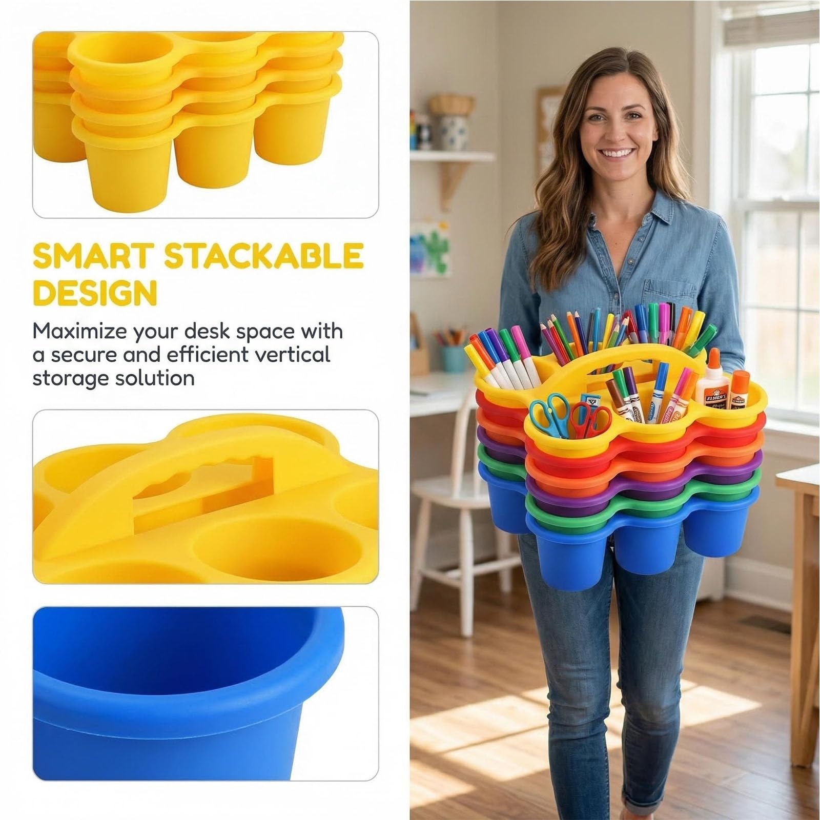 Multicolor Pencil Holders for Desk, 6-Cup Classroom Caddy with Handles, Durab…