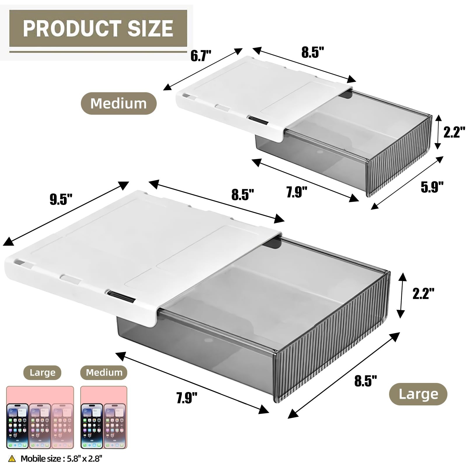 2Pcs Under Desk Storage Drawers Slide OutLarge&Medium Stick On Desk Drawer Or…