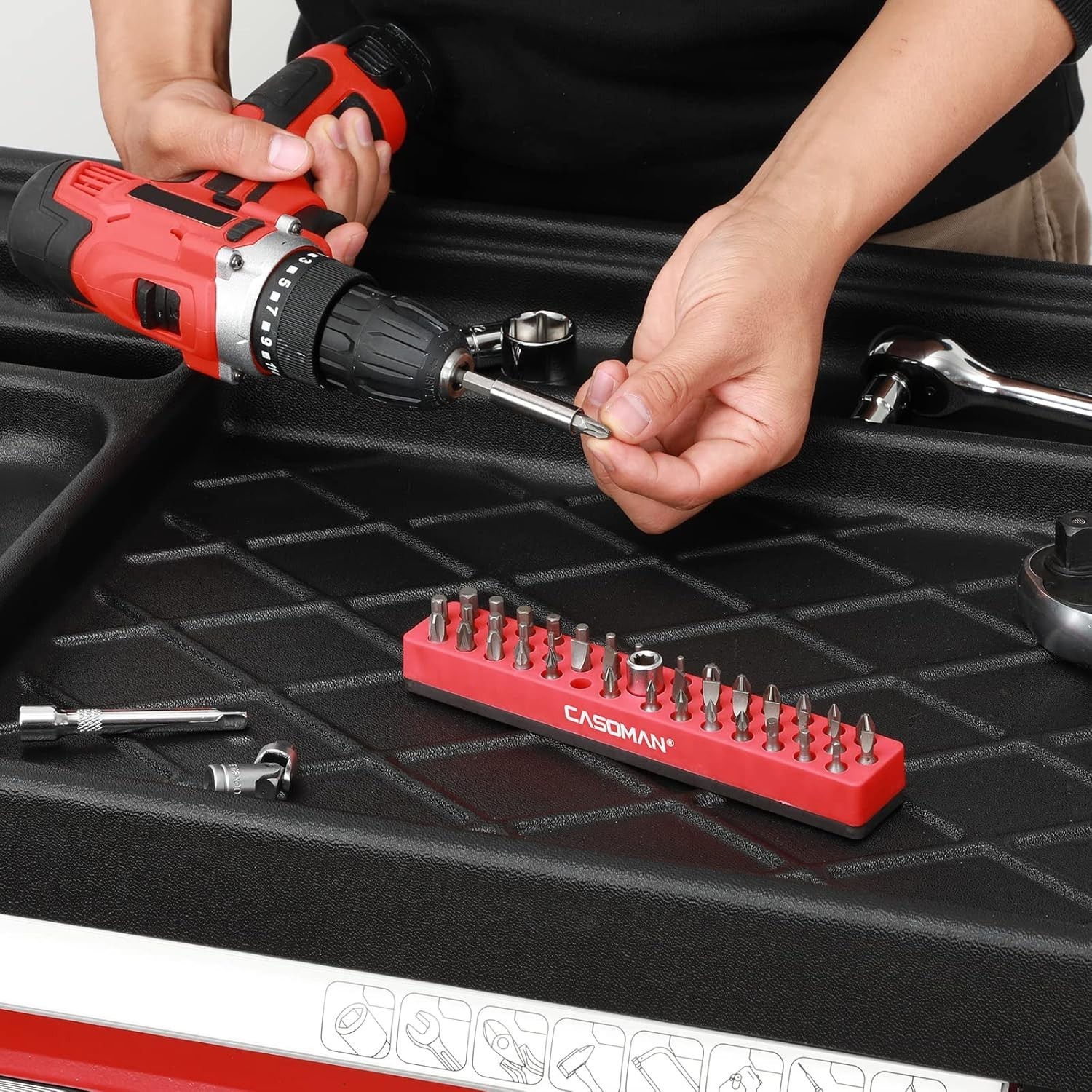 1/4″ Hex Bit Organizer with Magnetic Base – Red, 43 Hole Bit Organizer with S…