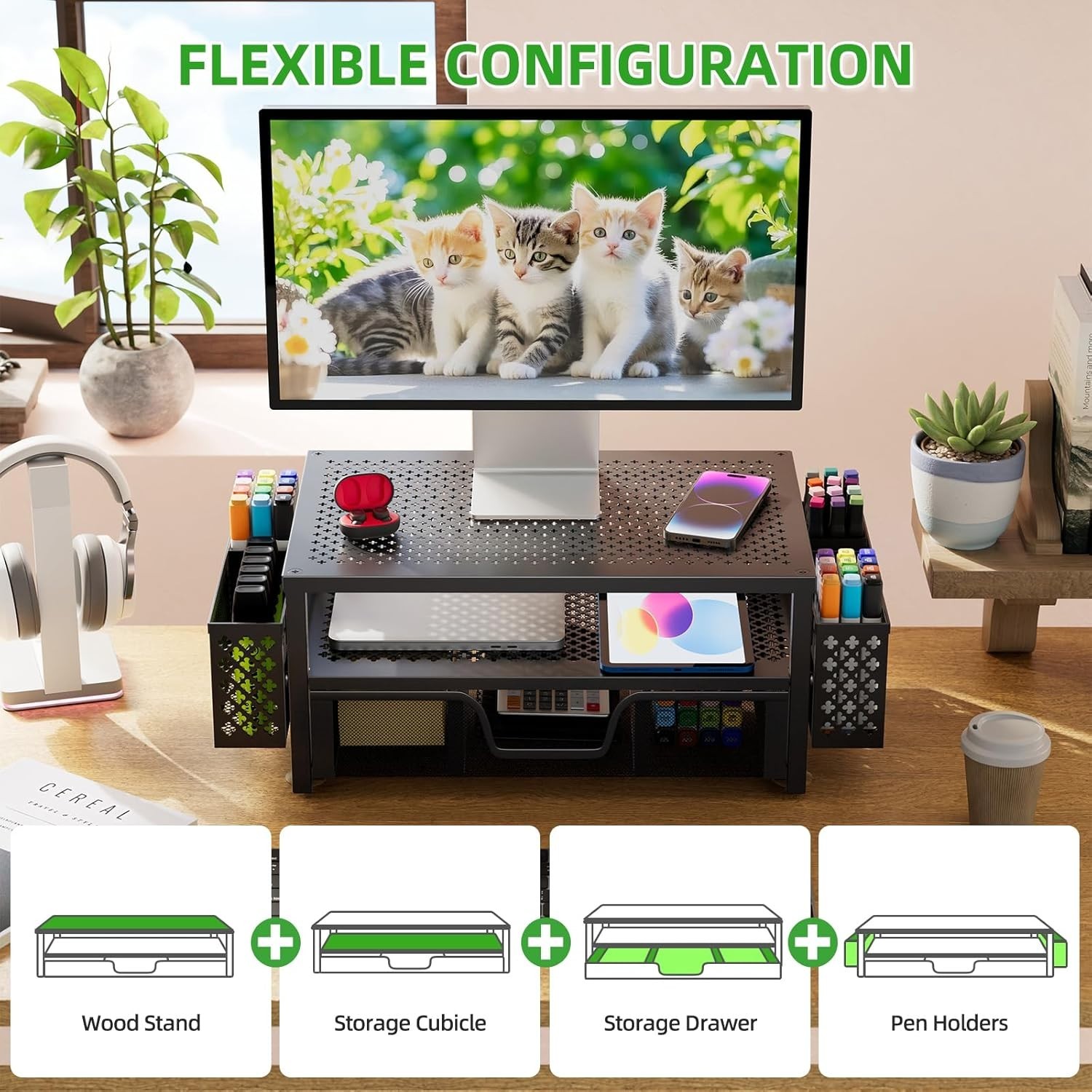 Stylish Black Metal Desk Riser with Pen Holder & Ergonomic Design, 20″W x 10″D
