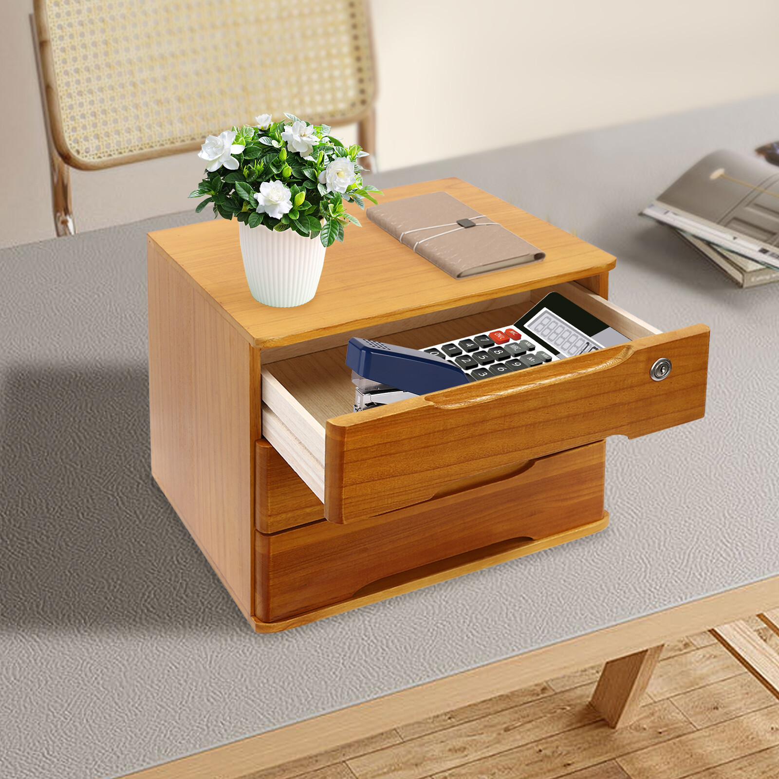 3 Tier Wooden Desk Organizer – Desk Organizer with Lockable Drawers
