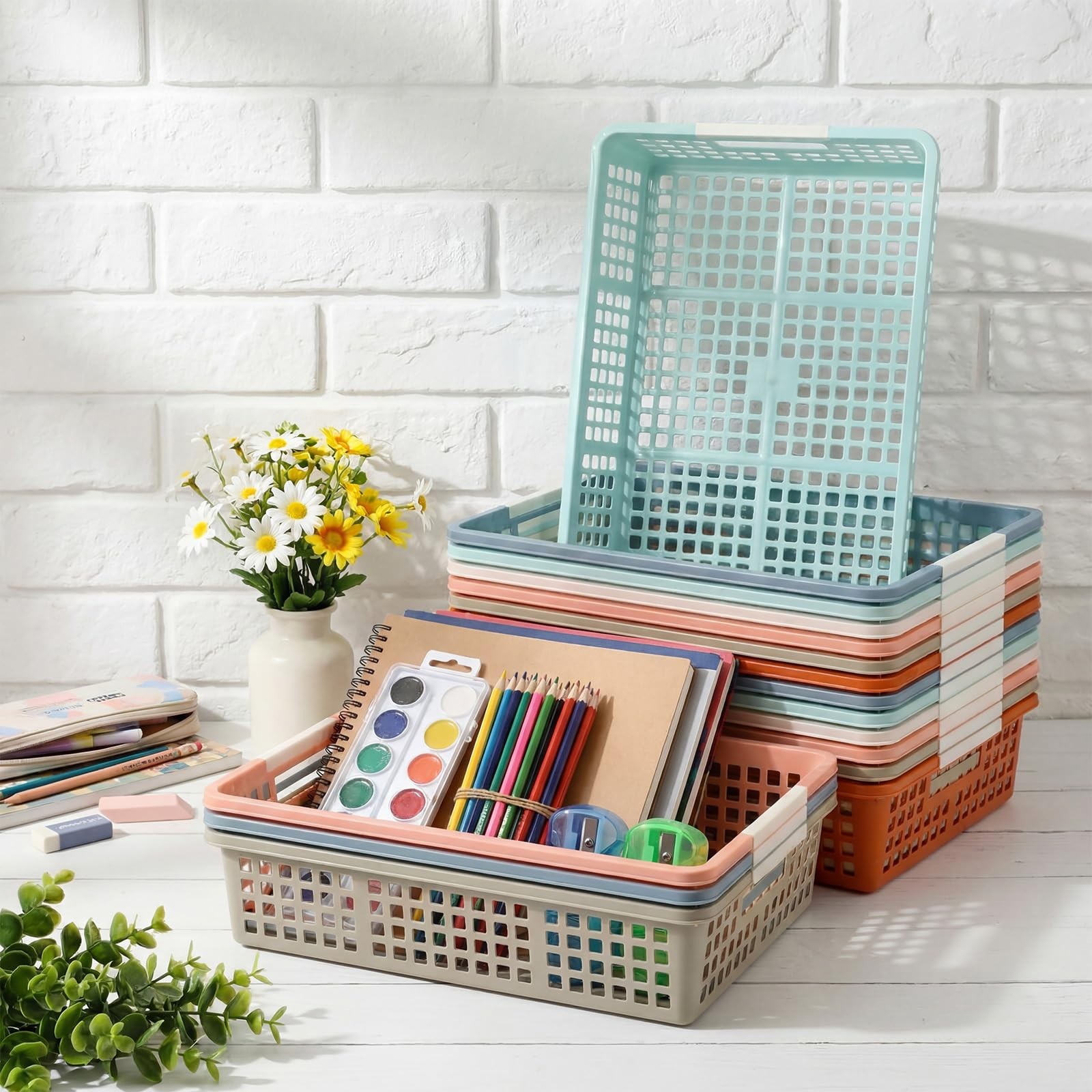 24 Pcs Colorful Plastic Classroom Baskets Bulk with Handles 13.6″ x 10″ Class…