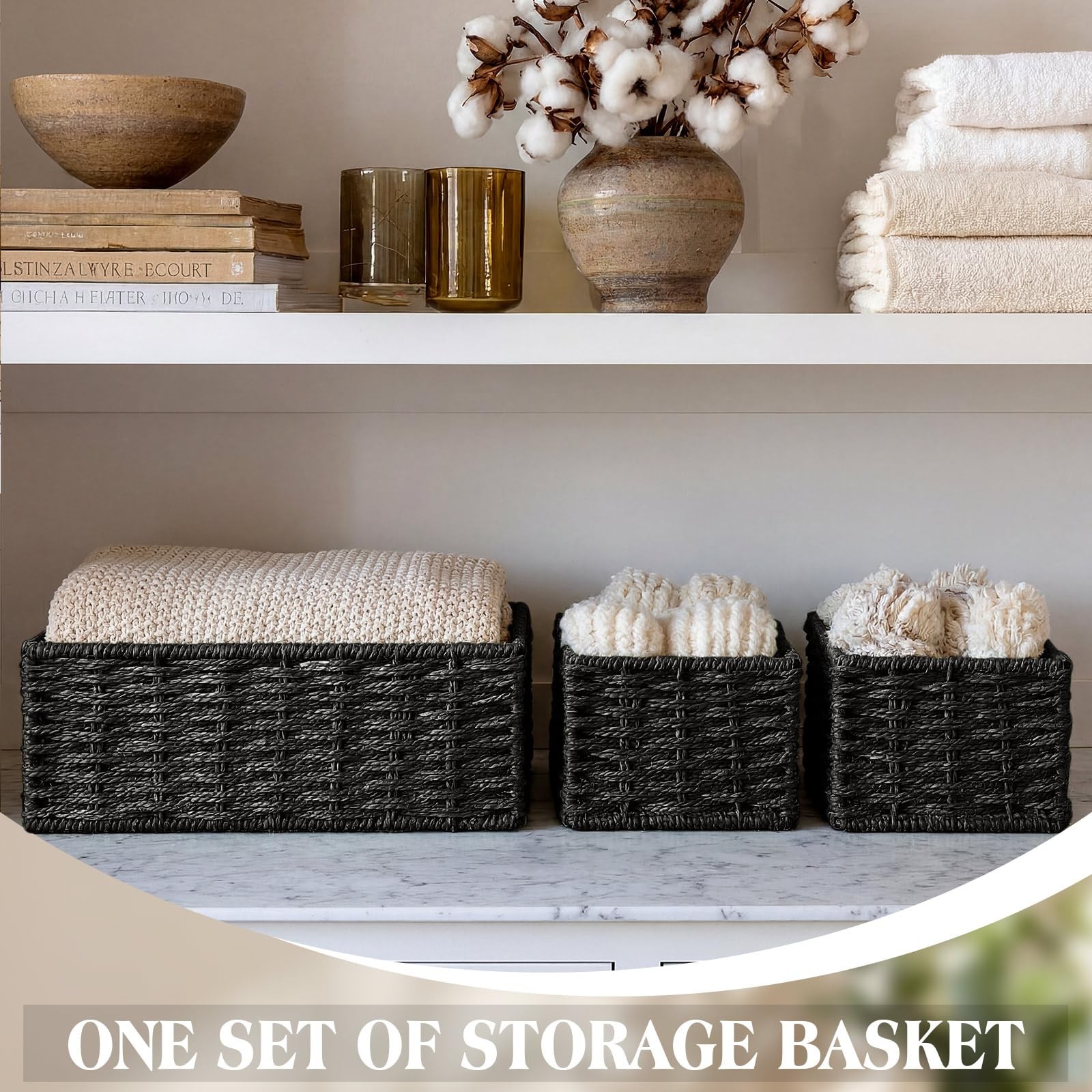 4 PCS Black Storage Baskets Rustic Paper Rope Woven Bin Decor 3 Sizes Set Home