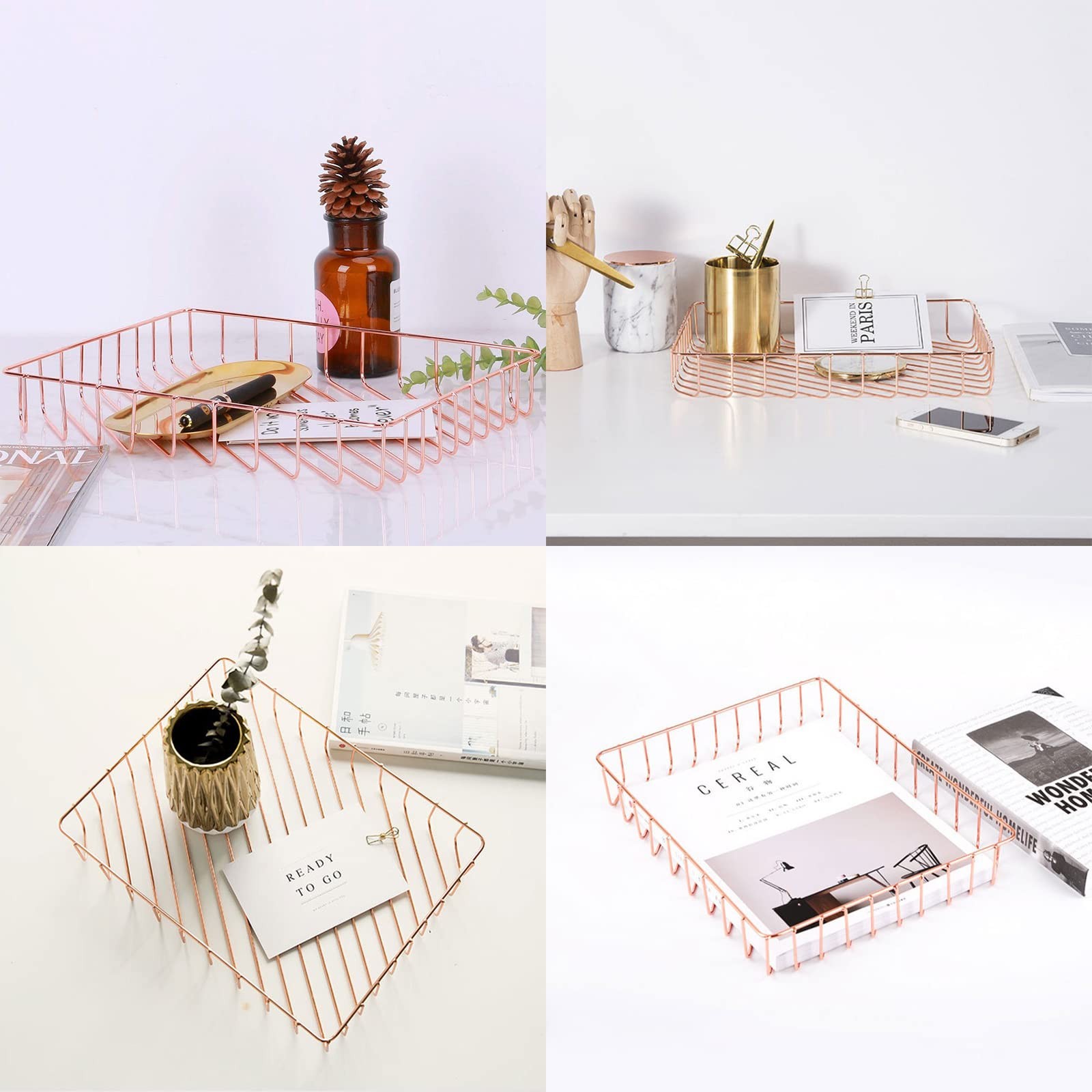 3 PCS Rose Gold Wire Desk Paper Letter File Tray Magazine Storage Organizer