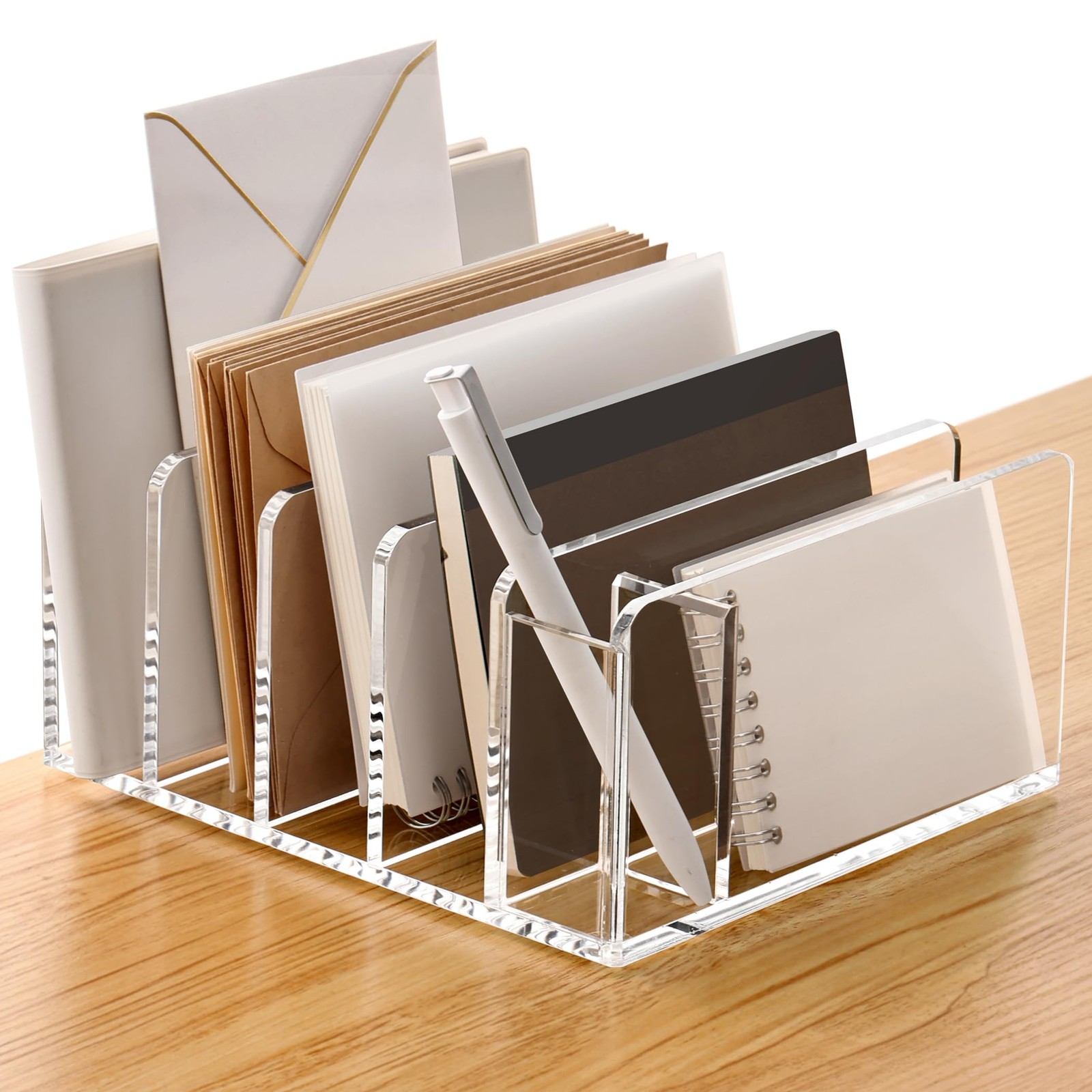 Acrylic Organizer, 5 Compartments File Holder for Desk, Letter Sorter with Pe…