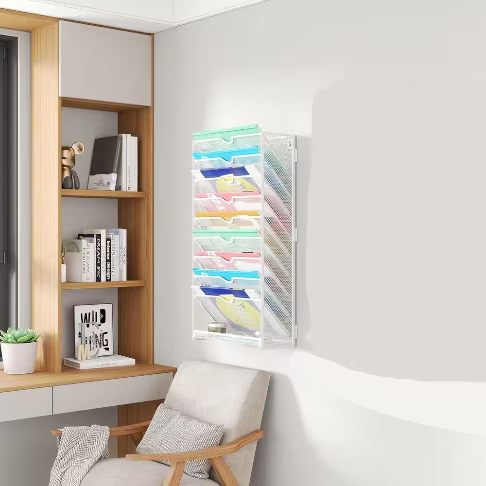 10-Tier Metal Wall Mount Hanging File Organizer, Vertical Document Organizer Whi