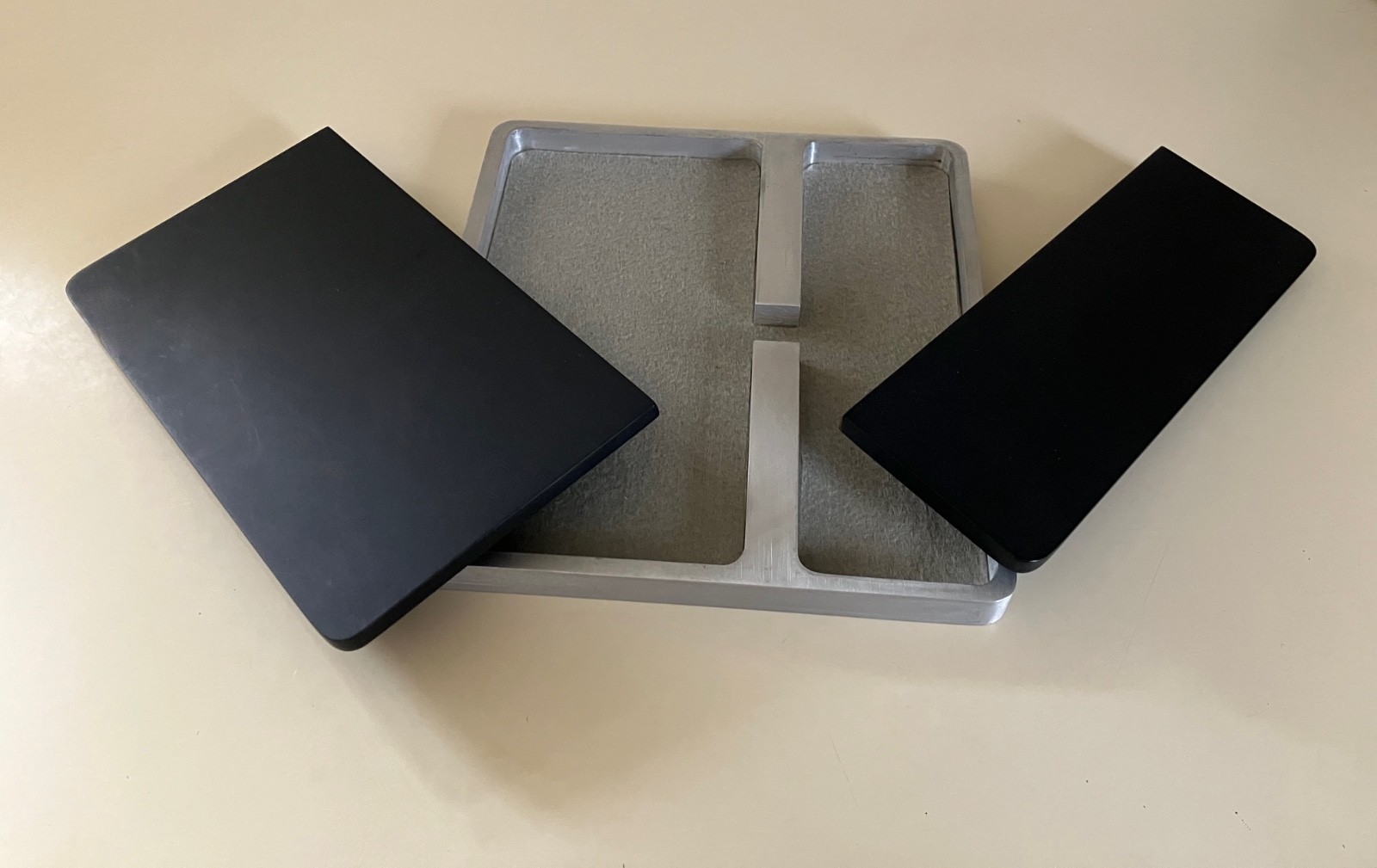 VINT MID CENTURY MODERN DESK ORGANIZER ALUMINUM & BLACK MELAMINE OLIVETTI STYLE