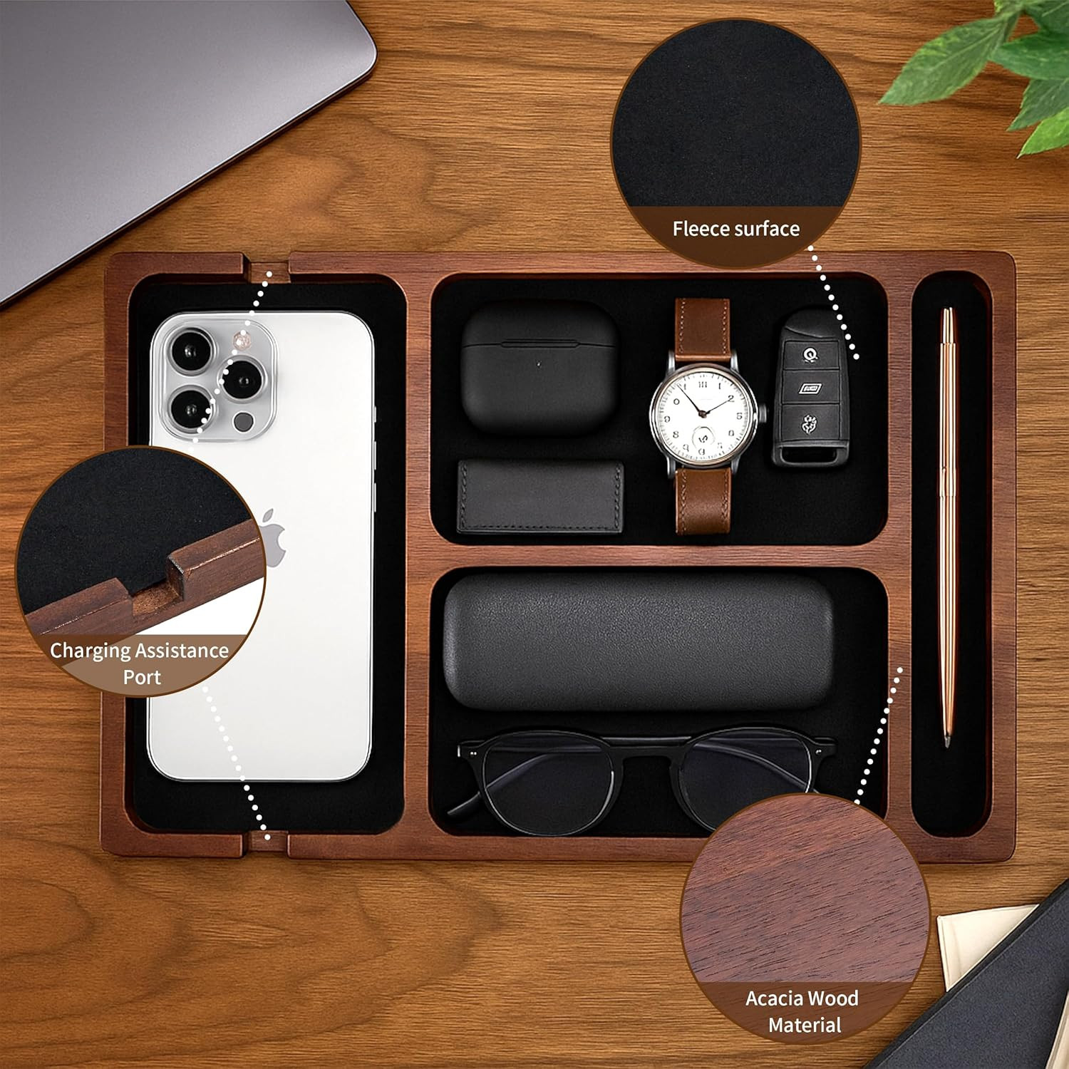 Valet Tray, Multi-Space Acacia Wood Leather Surface Desk Organizer Tray with Cha