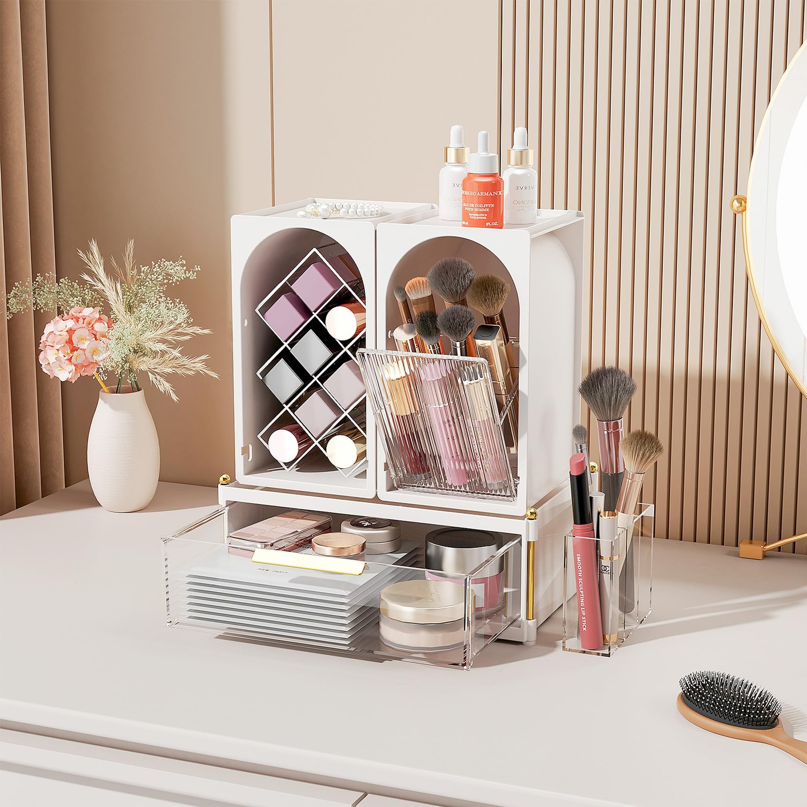 FOLLOWIN Compact Makeup Organizer Set, Lipstick Holder White & Transparent