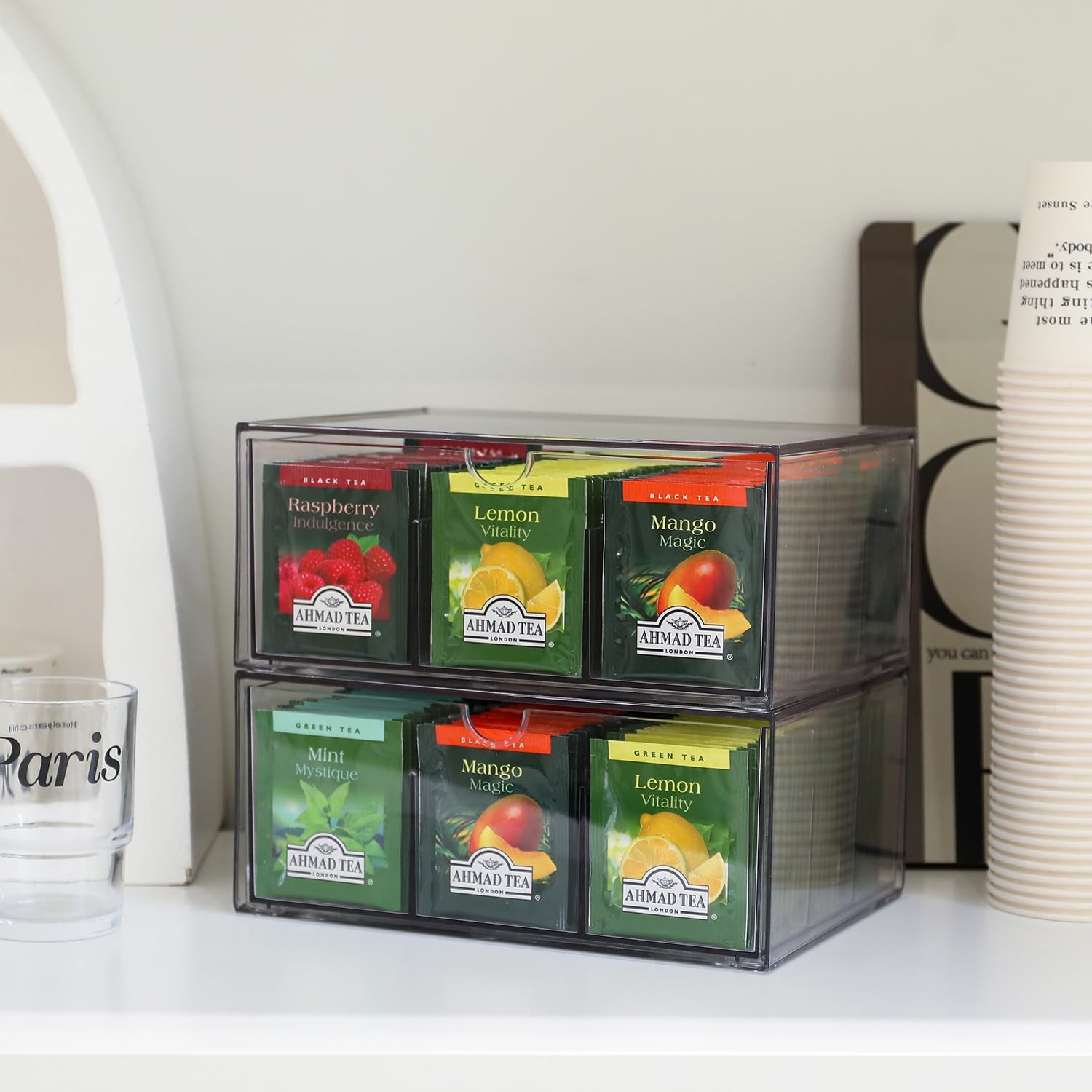 CLUQMEIK 2 Large Acrylic Tea Bag Organizer, 9 Grids 9.05*6.5*7.88″, 9+9 grids