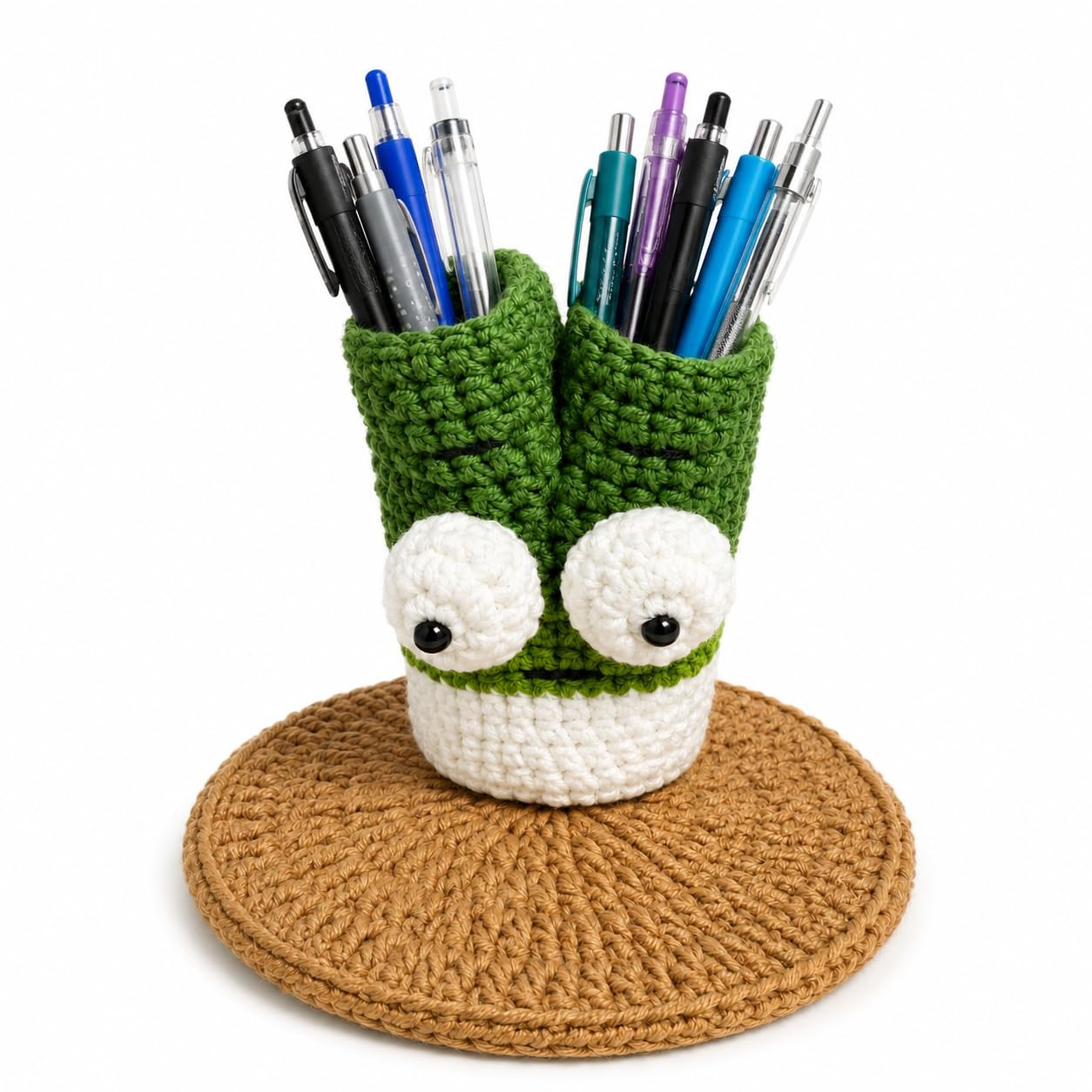 Cute Crochet Pen Holder for Desk – Handmade Green Onion Pencil Cup with Stand…