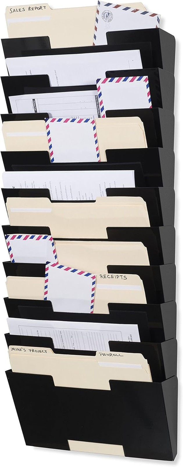 Lisbon 10-Tier Wall Mounted File Holder and Desk Organizer, Metal Black Office O
