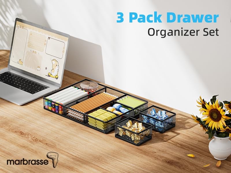3 PCS Desk Drawer Organizer 9 Adjustable Compartment Makeup Office Black