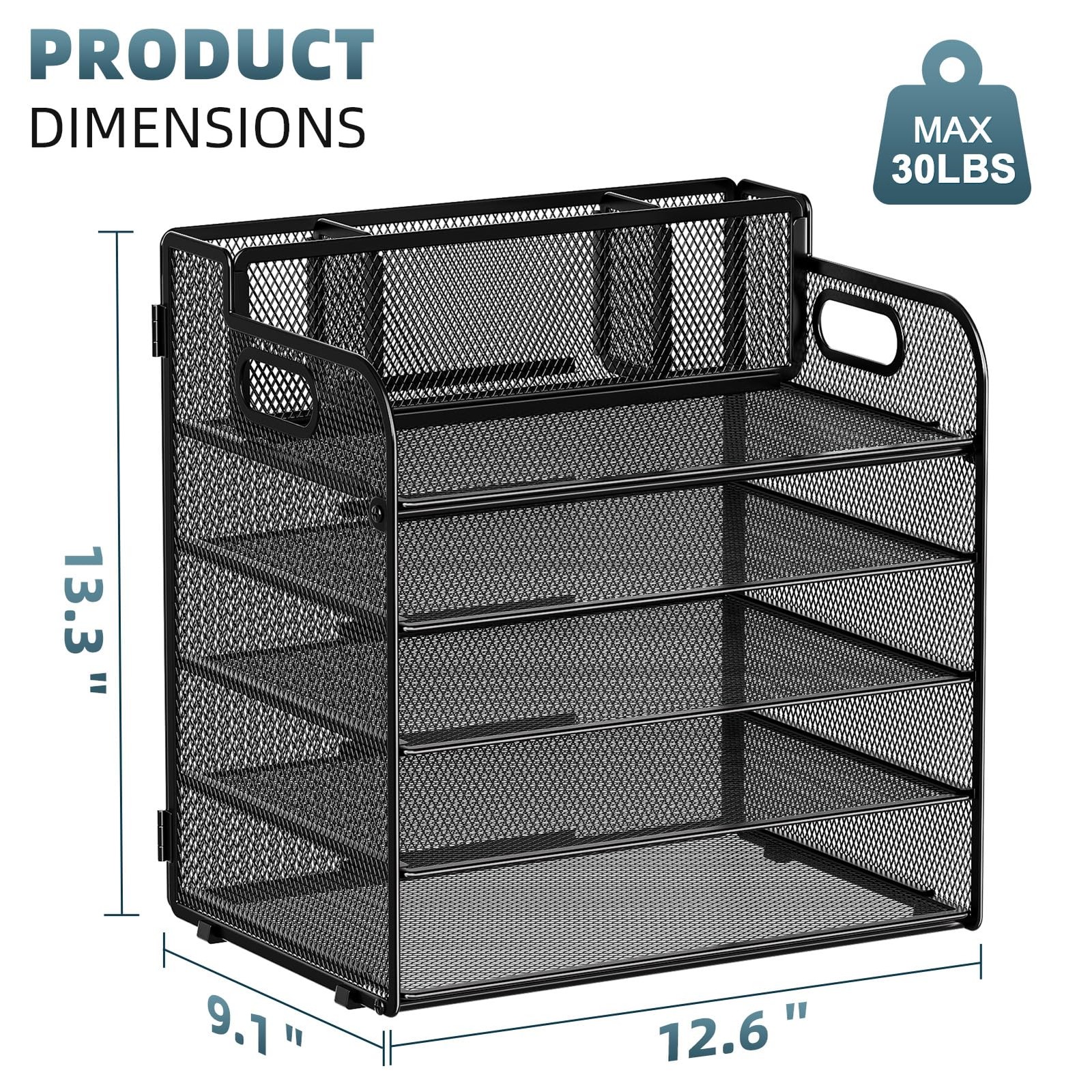 Marbrasse 5 Tier Paper Organizer Letter Tray, Mesh with 3 Pen Holders, Black