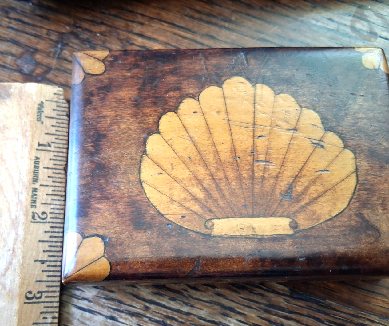 3″x 4″ Vintage Wood & Brass Stamp Holder Ocean Seashell Design Desk