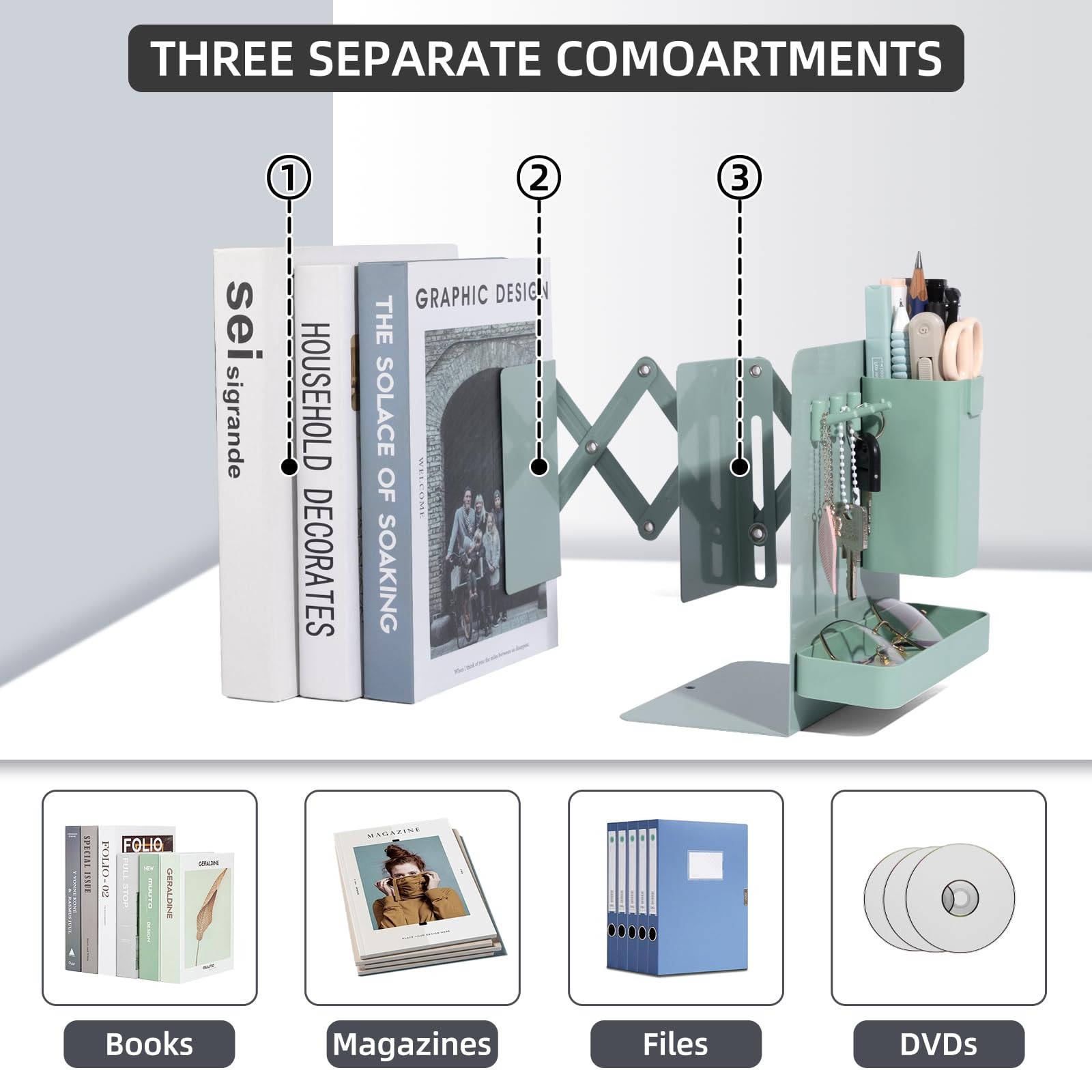 ALKALO Adjustable Bookends, 19″ Metal Book Ends for Heavy Books, 2 Green