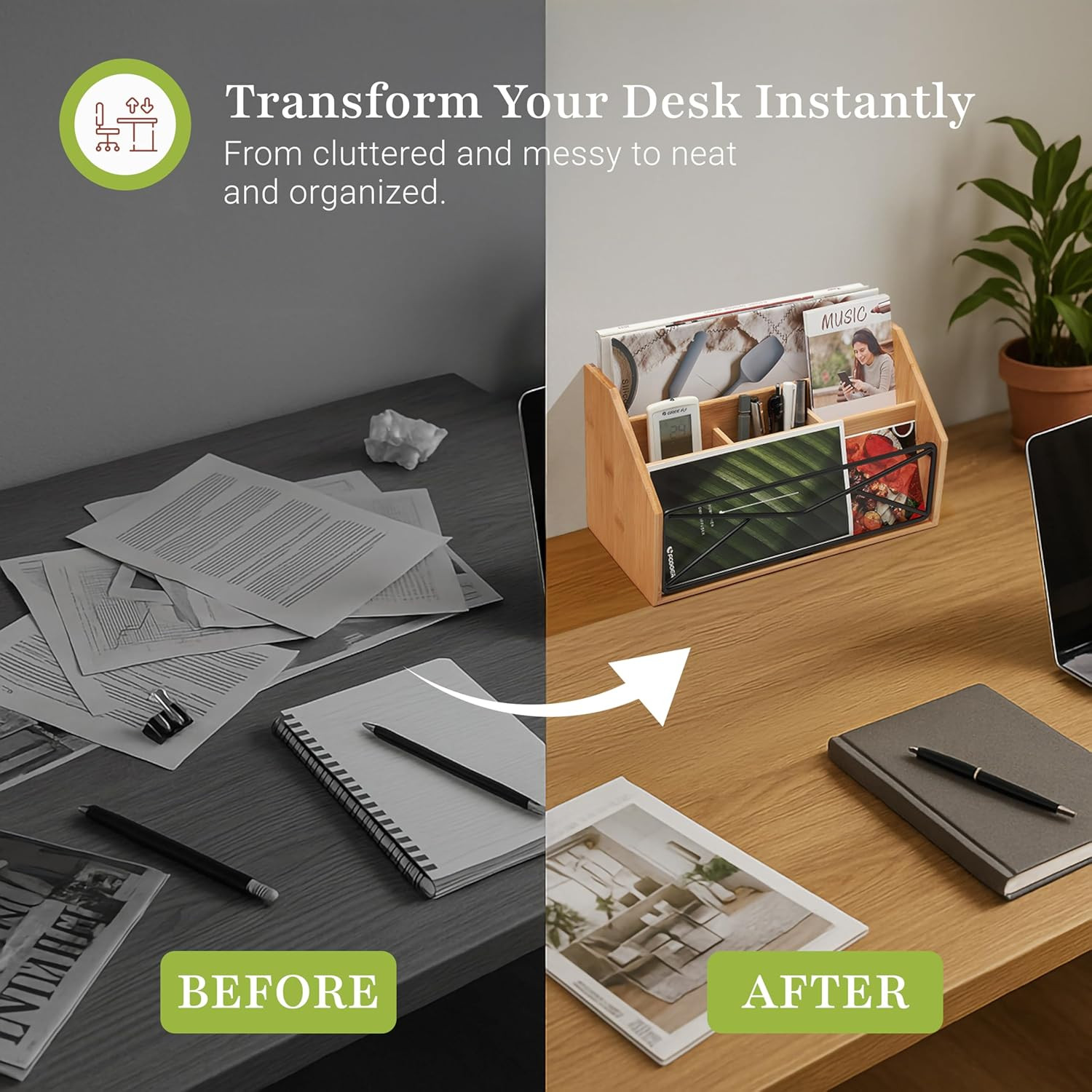 Bamboo Desk Organizer for Office and Home – Natural Bamboo Mail Organizer for Co