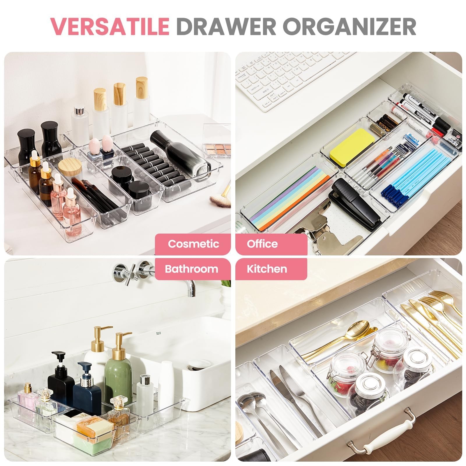 HOUSE DAY Makeup Drawer Organizer Trays 24 PCS, 24 Pcs – 4 Sizes, Clear