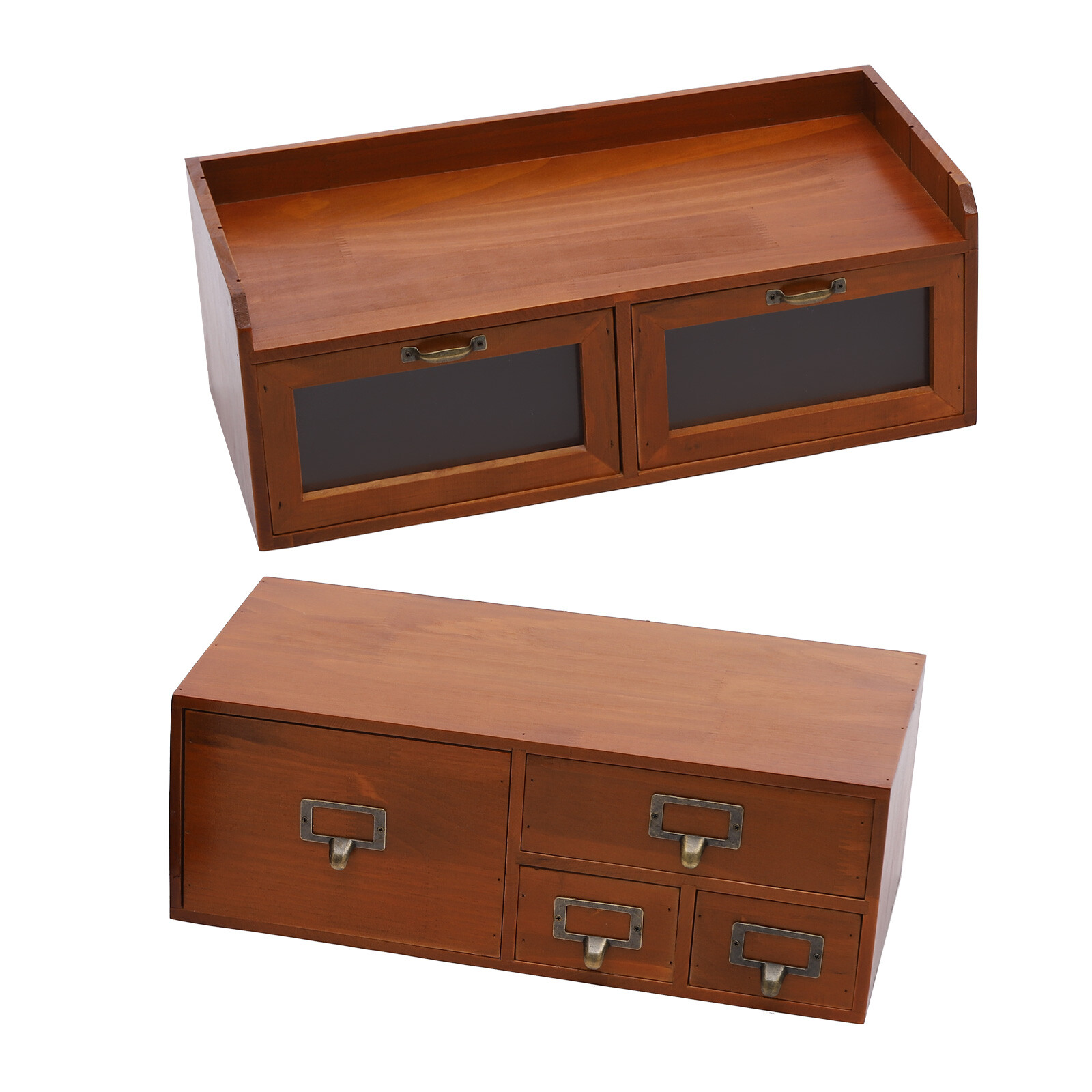 Retro Brown 6-Drawer Desktop Organizer Pine Wood Clear Acrylic Door