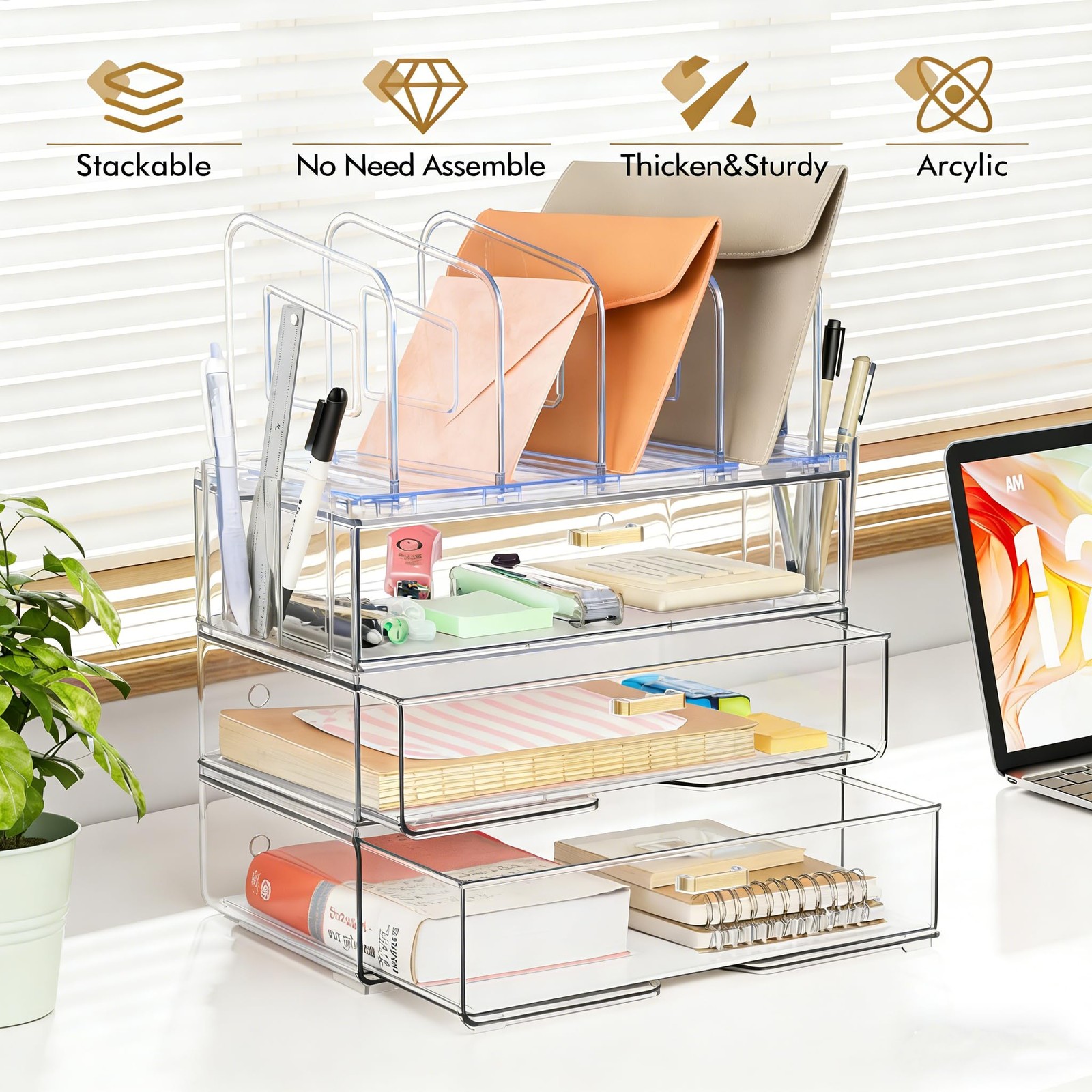 LALOBLUE Acrylic Desk Organizer with 4-Vertical File Holder 3 Layer, Clear