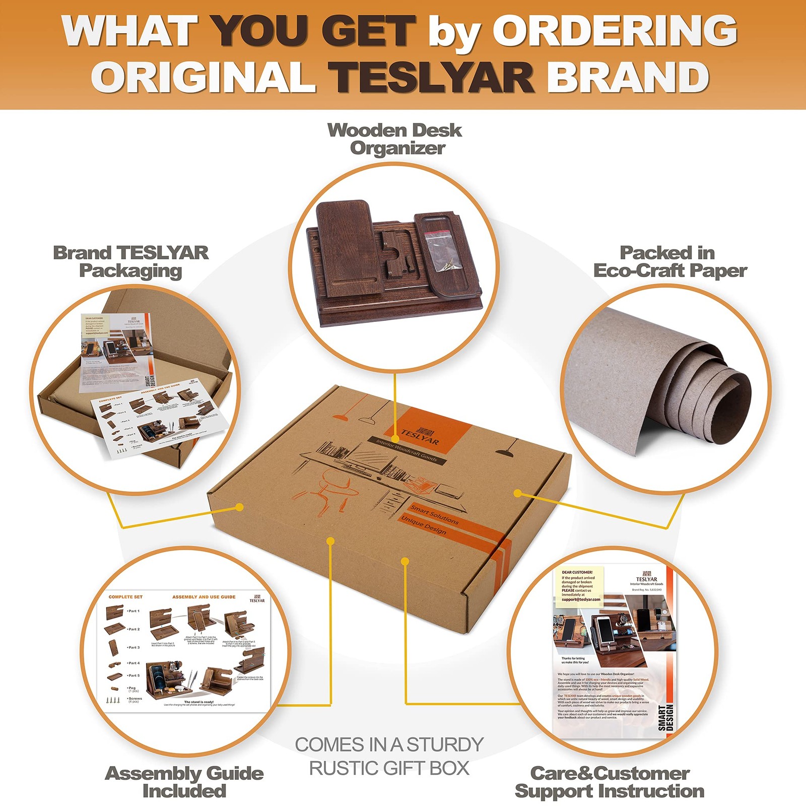 TESLYAR Wood Phone Docking Station for Men – Desk or Nightstand Bourbon Brown