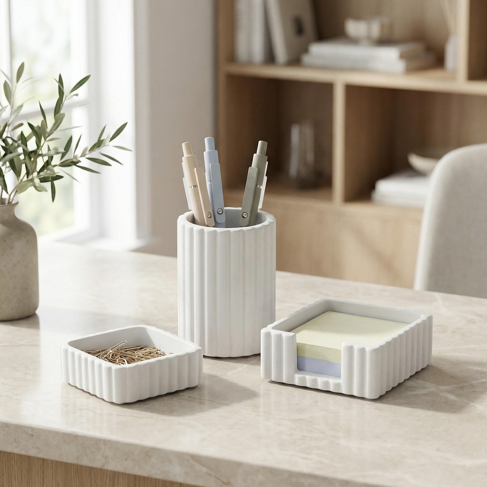 KIBAGA Modern Aesthetic Desk Accessories Set of 3 – Stylish Concrete Organize…