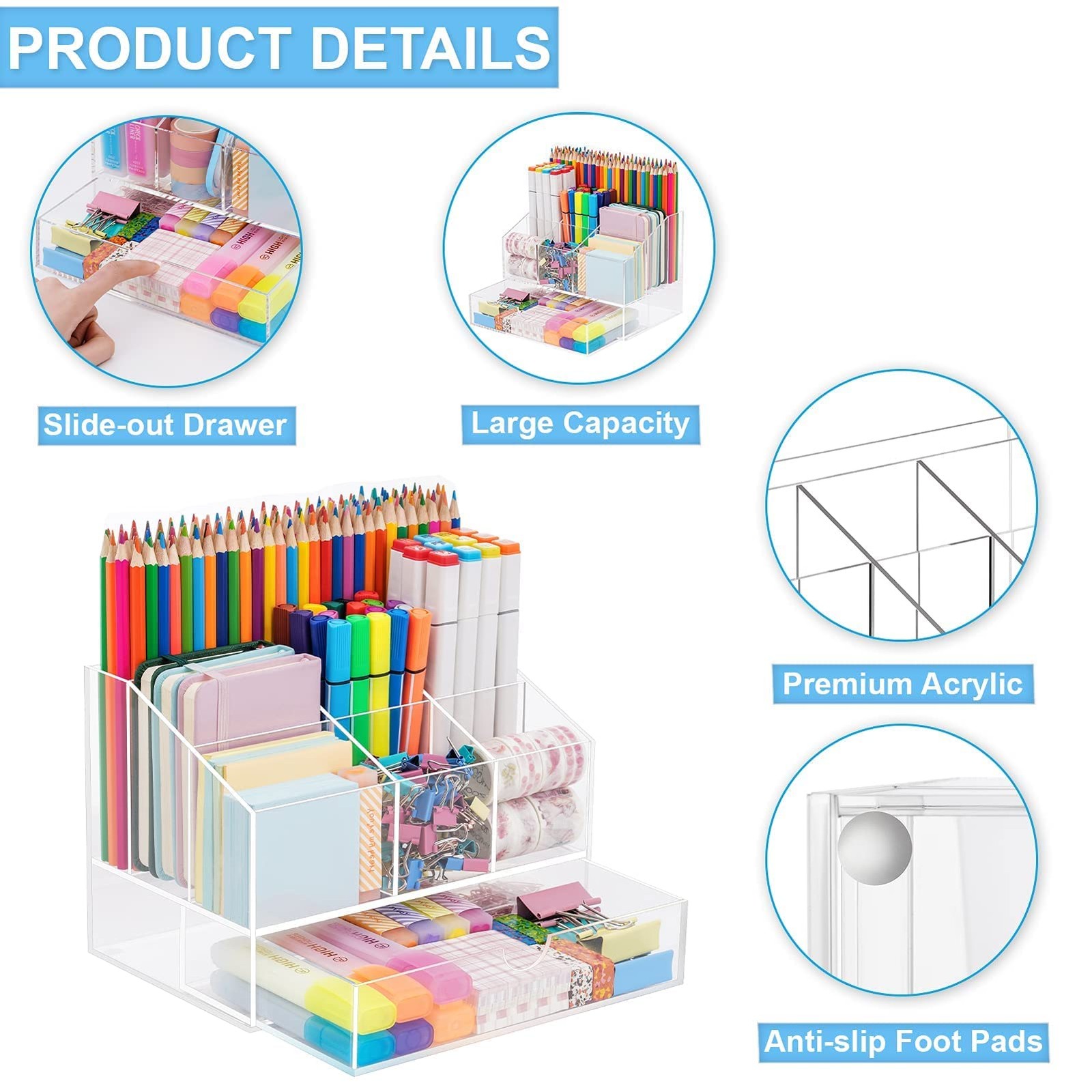 Acrylic Desk Organizer, Upgraded Clear Pencil Organizer for Desk, 7 Compartme…
